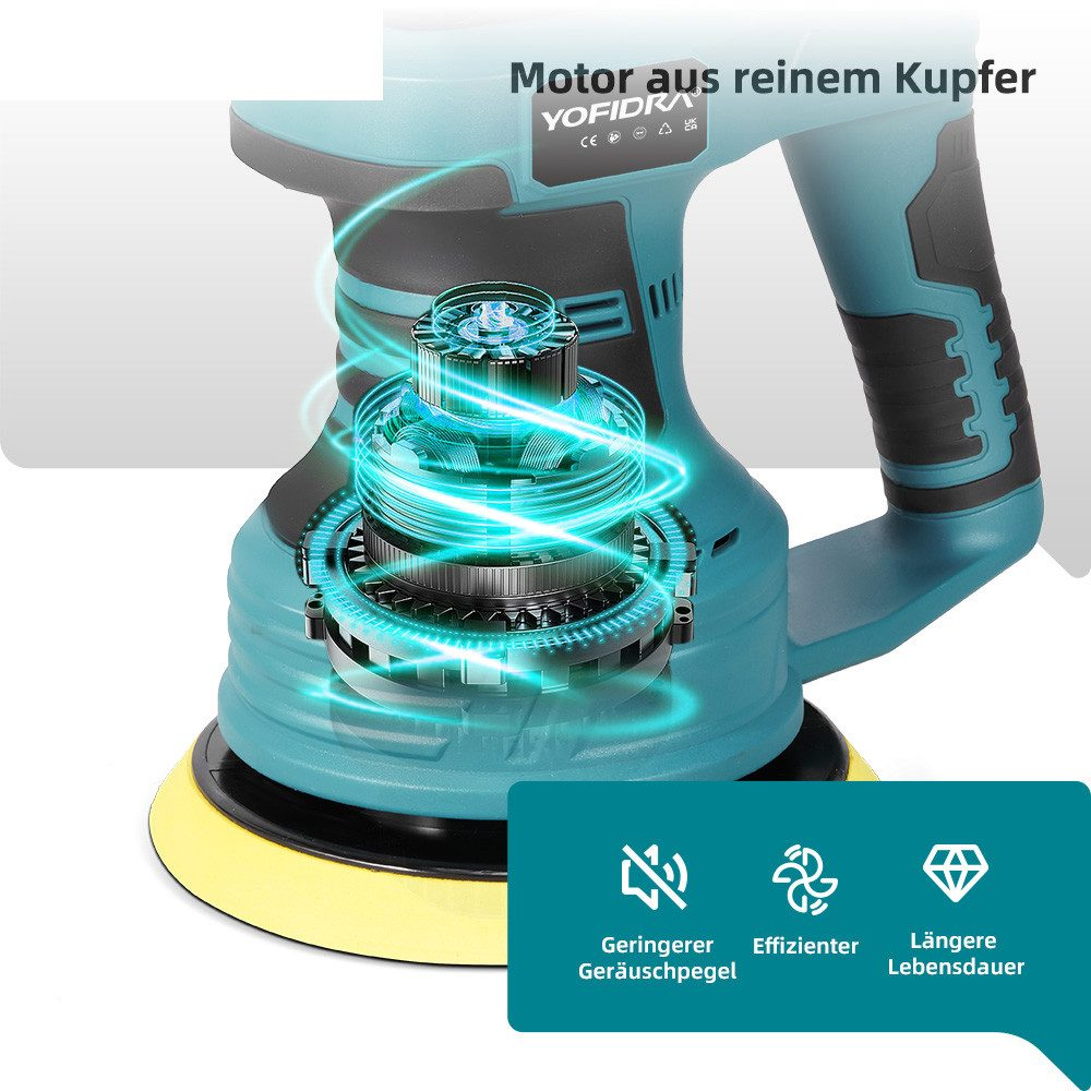 Ein elektrischer Schleifer mit türkisfarbenem Gehäuse und schwarzen Akzenten. Es hat einen rotierenden Innenmechanismus mit Energielinien. Eine gelbe Scheibe an der Basis.