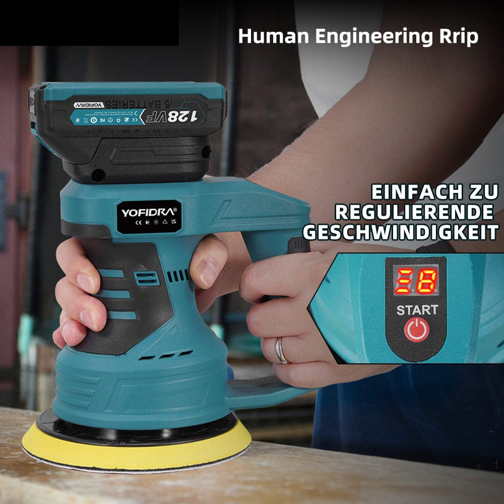 Eine Person hält einen türkisblauen Schleifer mit einem gelben Pad. Der Schleifer hat eine Digitalanzeige und einen Akku.