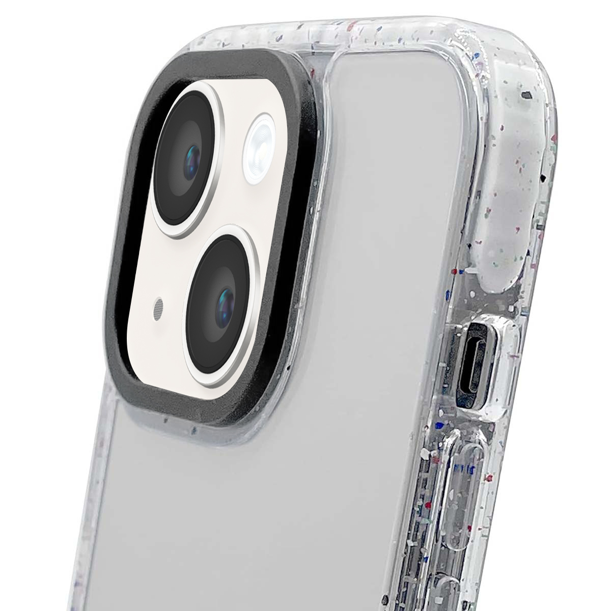 Primo piano di un telefono con una custodia trasparente e glitterata. Sono visibili le lenti della fotocamera e i pulsanti laterali del telefono.