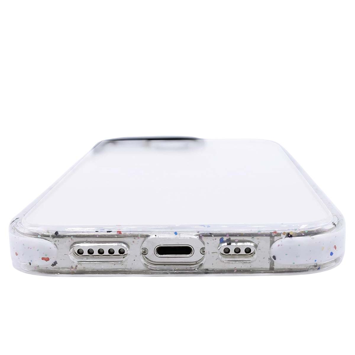 Una custodia trasparente per telefono con macchie colorate. Ha aperture per porte e altoparlanti. Lo sfondo è bianco.