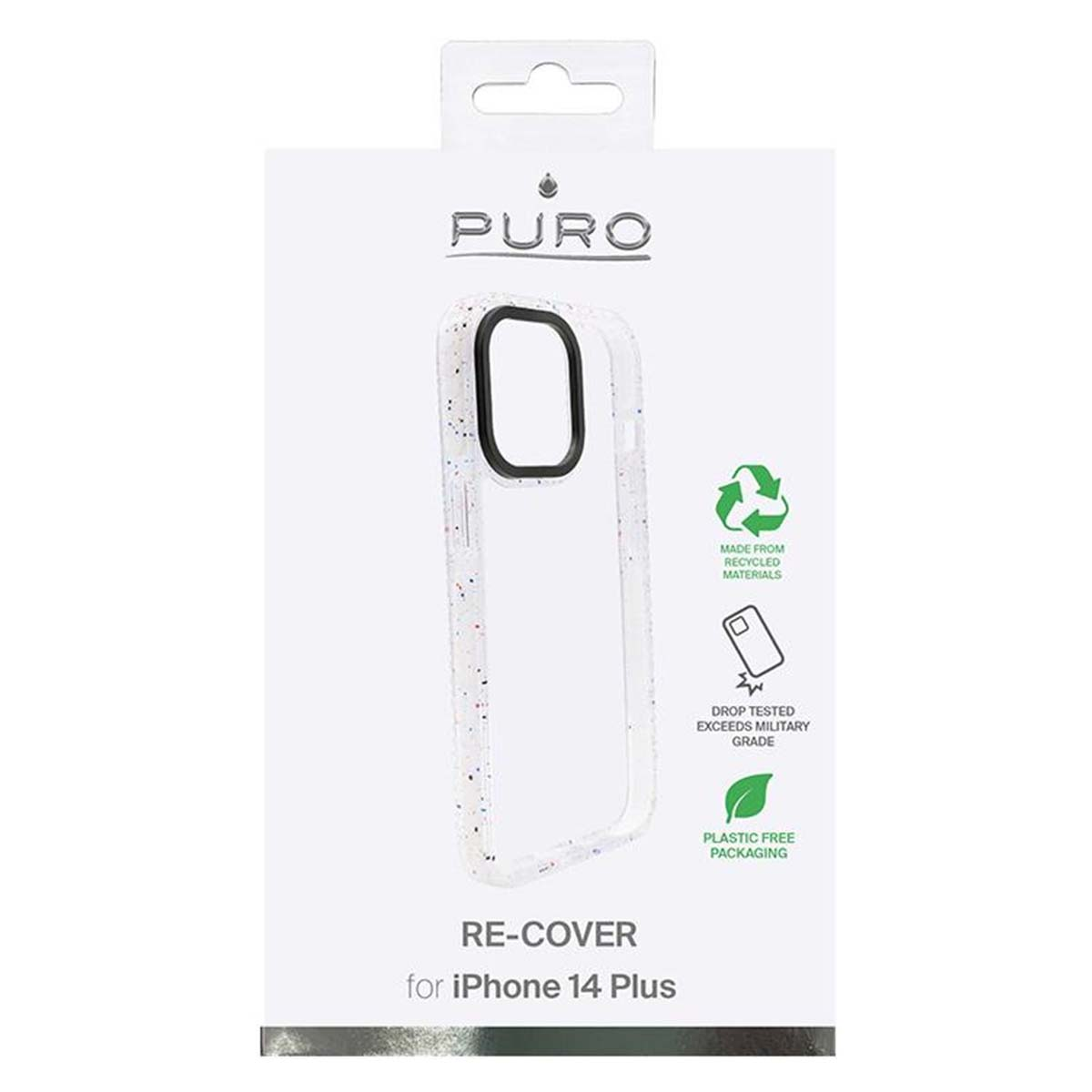 Una scatola per custodia del telefono con una custodia trasparente, il marchio 'PURO' e il testo che menziona 'RE-COVER' per iPhone 14 Plus.