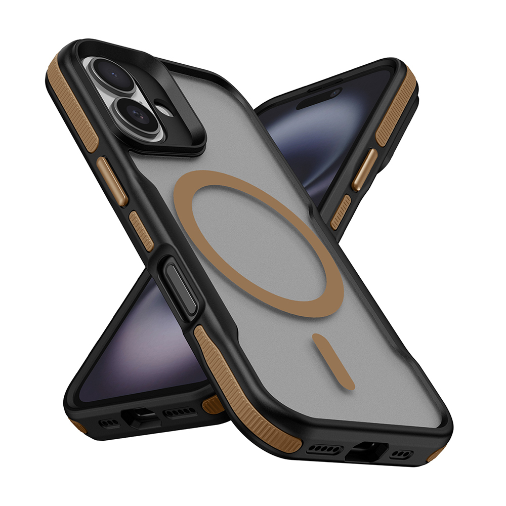 İki iPhone kılıfı, siyah ve kahverengi detaylar, şeffaf arka kısım. Bir kılıf diğerinin üzerine hafifçe eğilmiş. Her ikisinde de kamera boşlukları var.