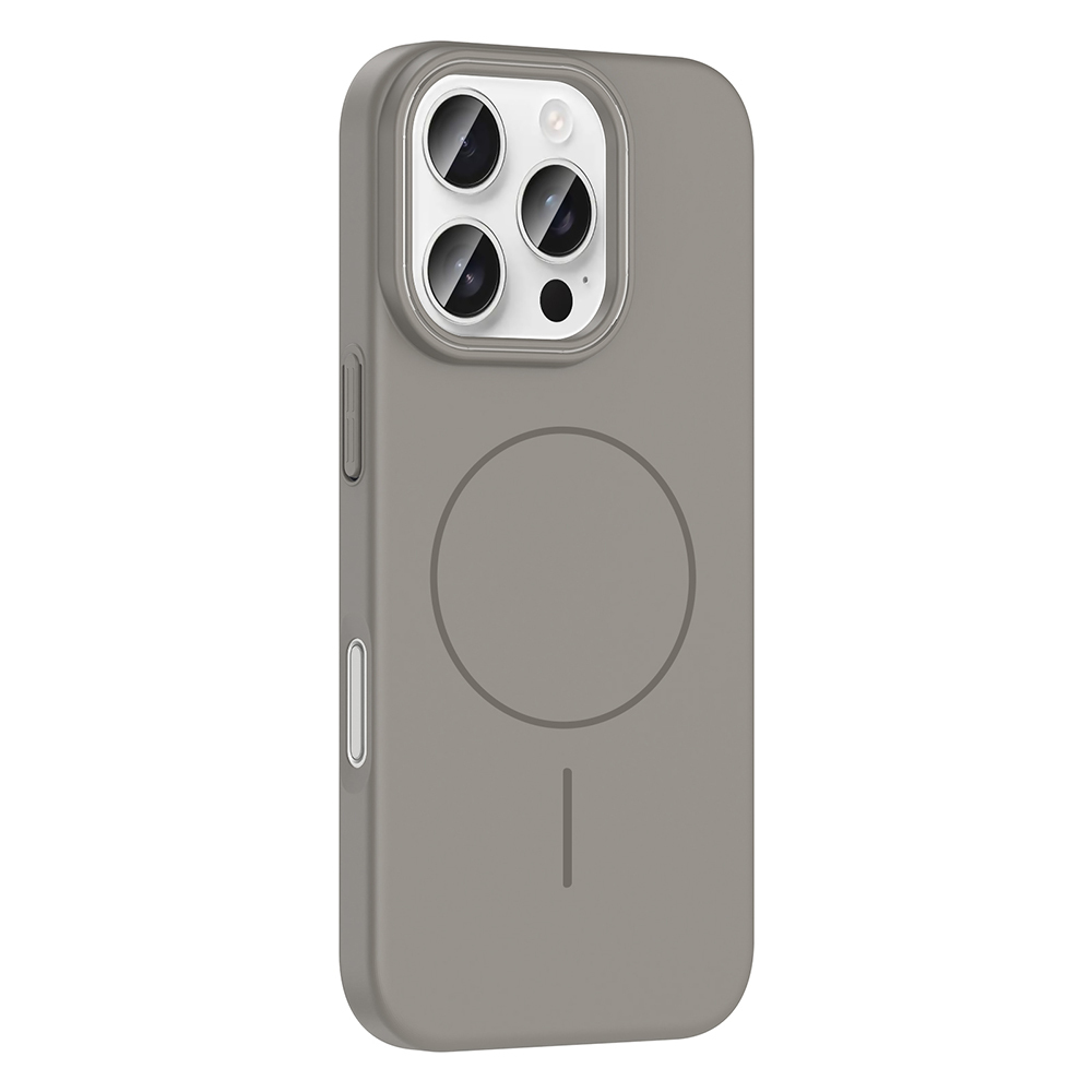 Kamera modülü, düğmeler ve dairesel bir tasarım öğesi olan gri bir telefon kılıfı. Kılıf minimalist bir tasarıma sahip.