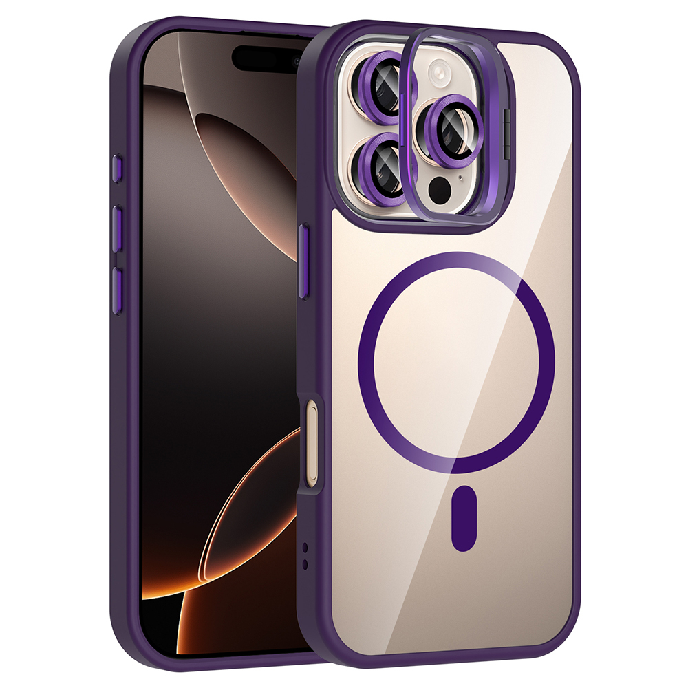 Mor koruyucu kılıflı telefon. Kılıfın kamera lens koruması var. Telefon siyah ve altın rengi, kılıf mor ve şeffaf.