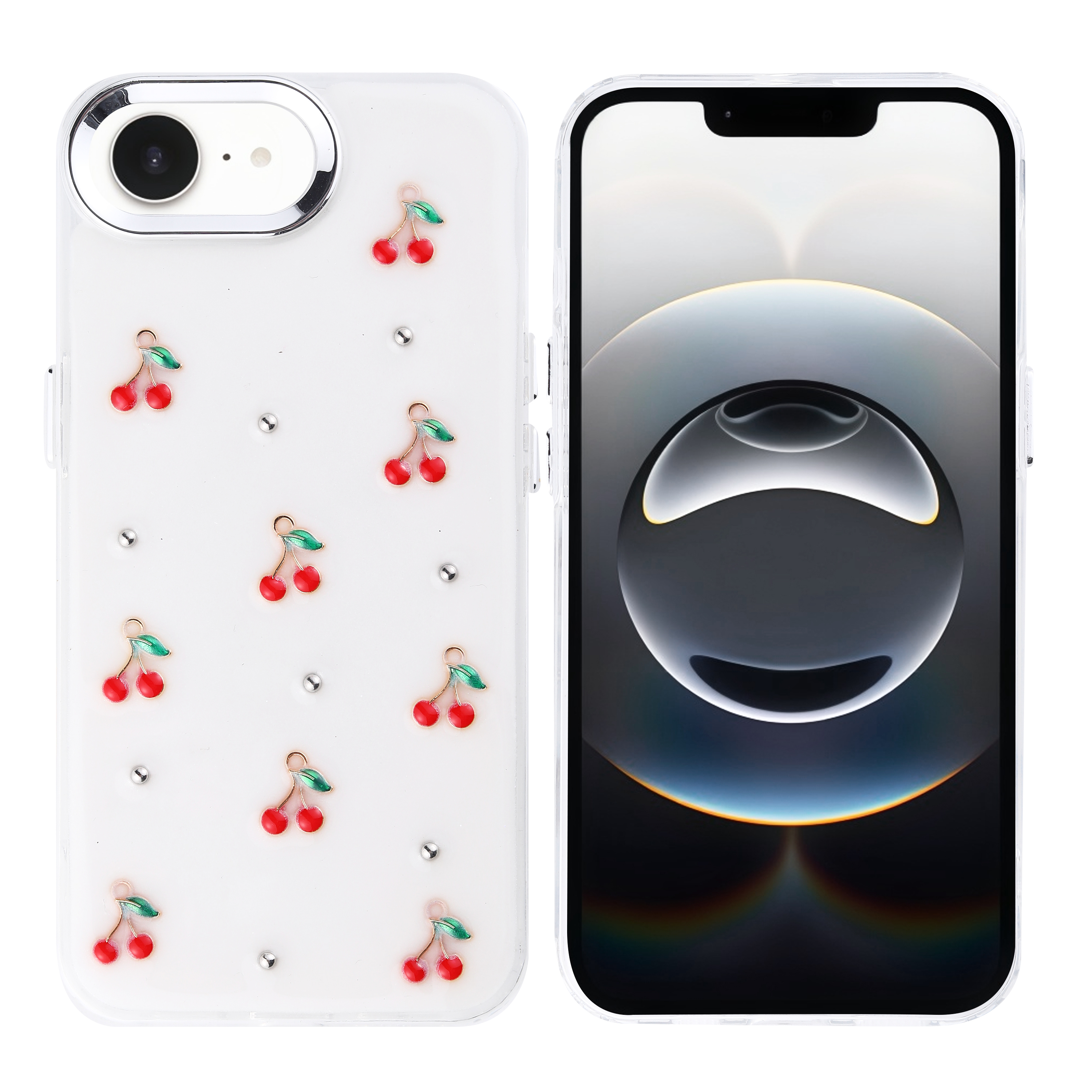 Kirazlı ve gümüş noktalı şeffaf telefon kılıfı. Bir iPhone ekranının yanında.