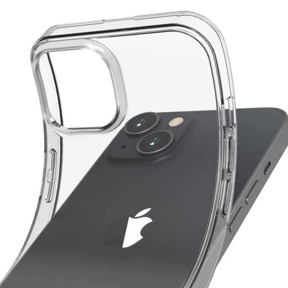 Una custodia trasparente per telefono è posizionata su un iPhone grigio scuro. La custodia è trasparente e il logo Apple è visibile.