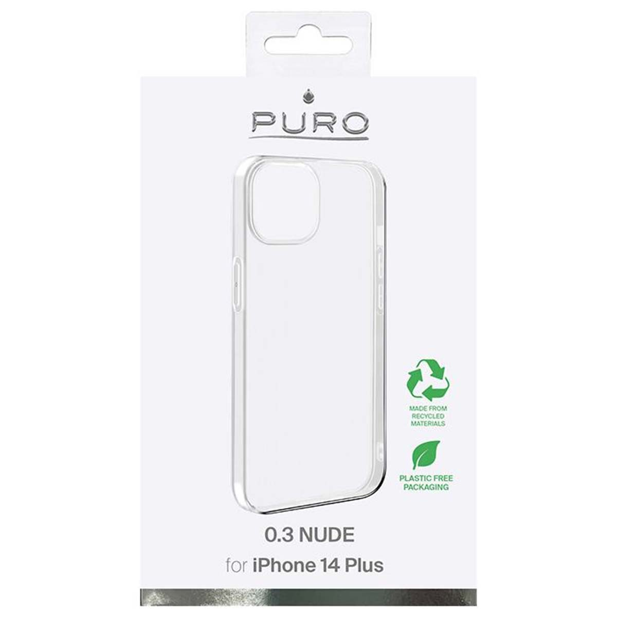 Custodia trasparente per iPhone 14 Plus in confezione. Marchio 'PURO' in alto. Include simboli di riciclaggio e imballaggio plastic-free.