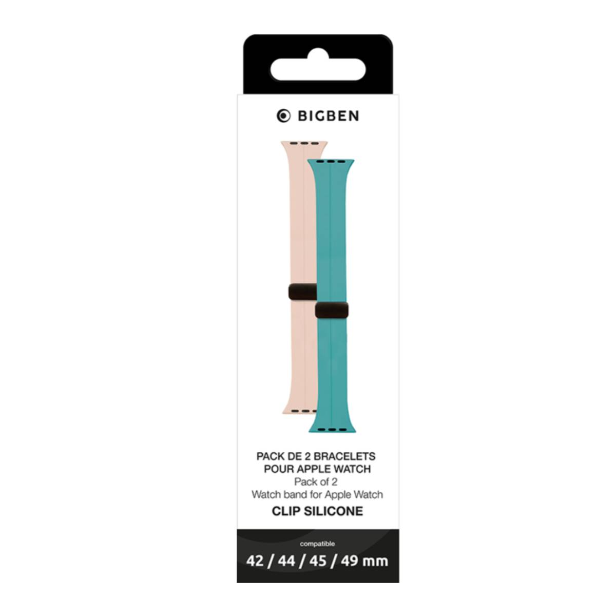 Confezione cinturino. Fasce in silicone rosa e verde acqua con connettori neri. Testo 'BIGBEN' e compatibilità 'Apple Watch'.
