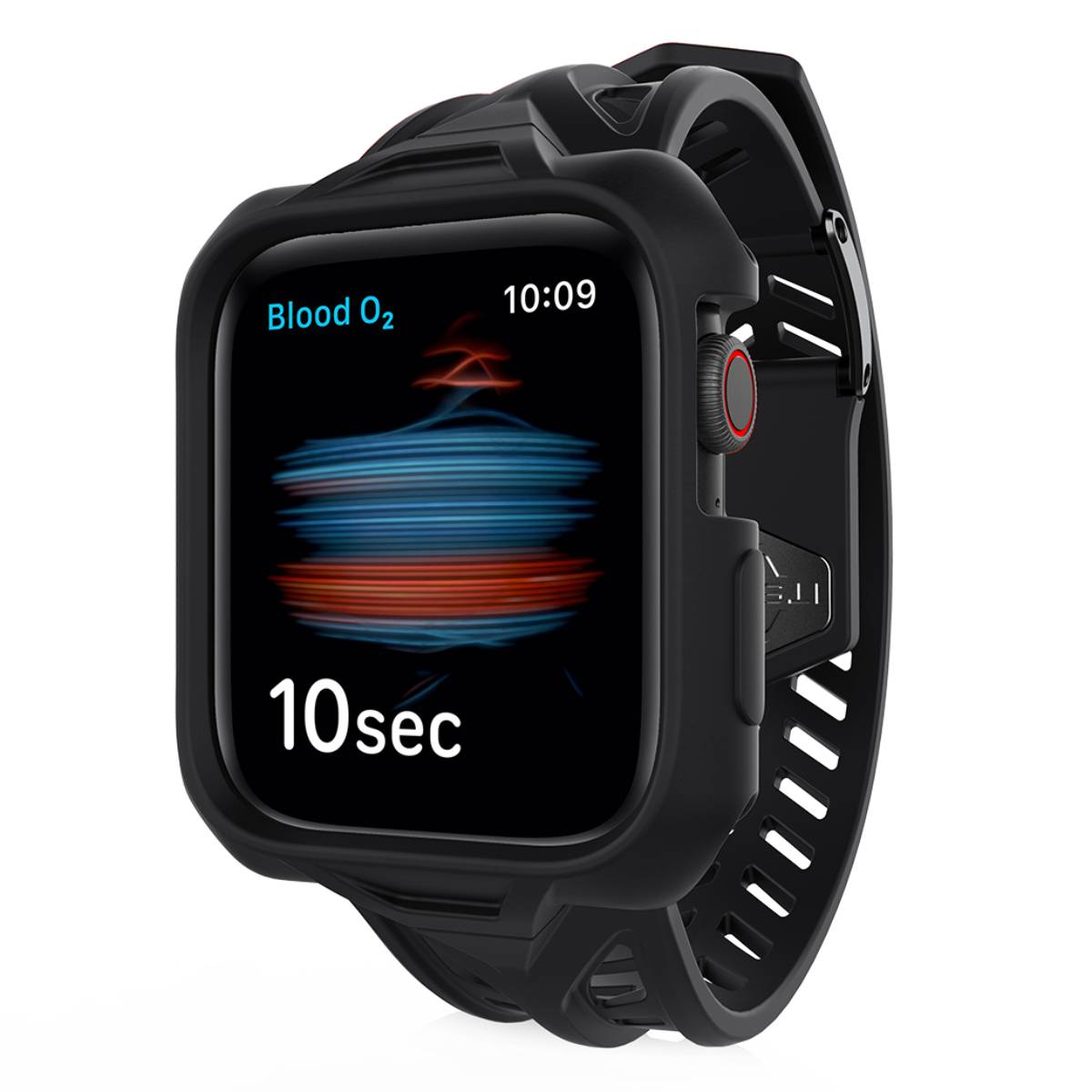 Uno smartwatch nero mostra i dati dell'ossigeno nel sangue, con un grafico rosso e blu. Mostra l'ora e un conto alla rovescia di 10 secondi.