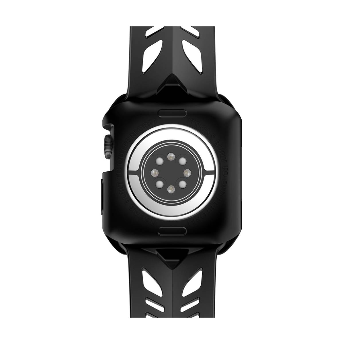 Retro di smartwatch nero. Sensore centrale con sei punti, circondato da un anello metallico. Cinturino nero con intagli. Sfondo bianco.
