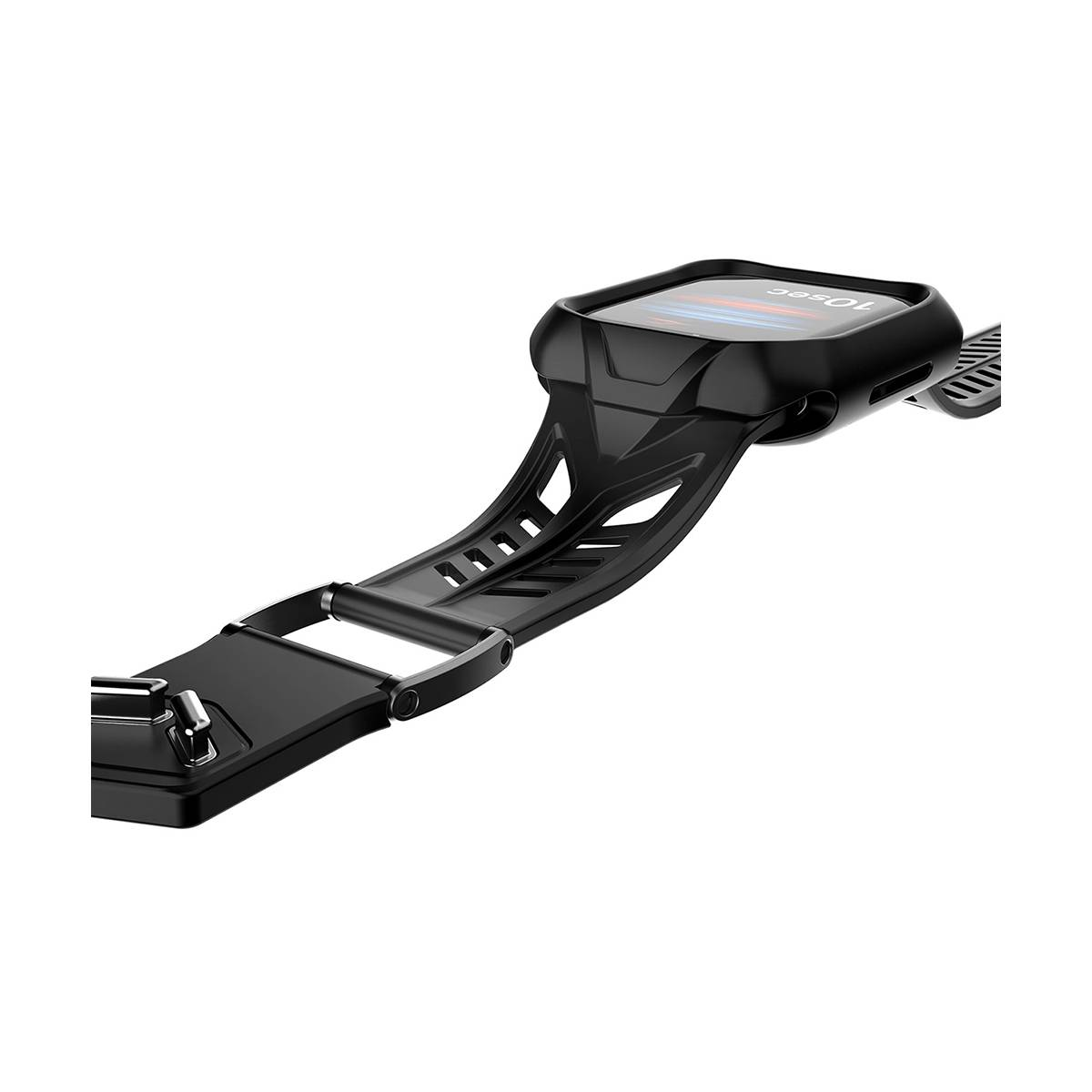 Smartwatch nero con cinturino curvo. Il quadrante mostra l'ora. Il cinturino ha una fibbia e fori per la regolazione.