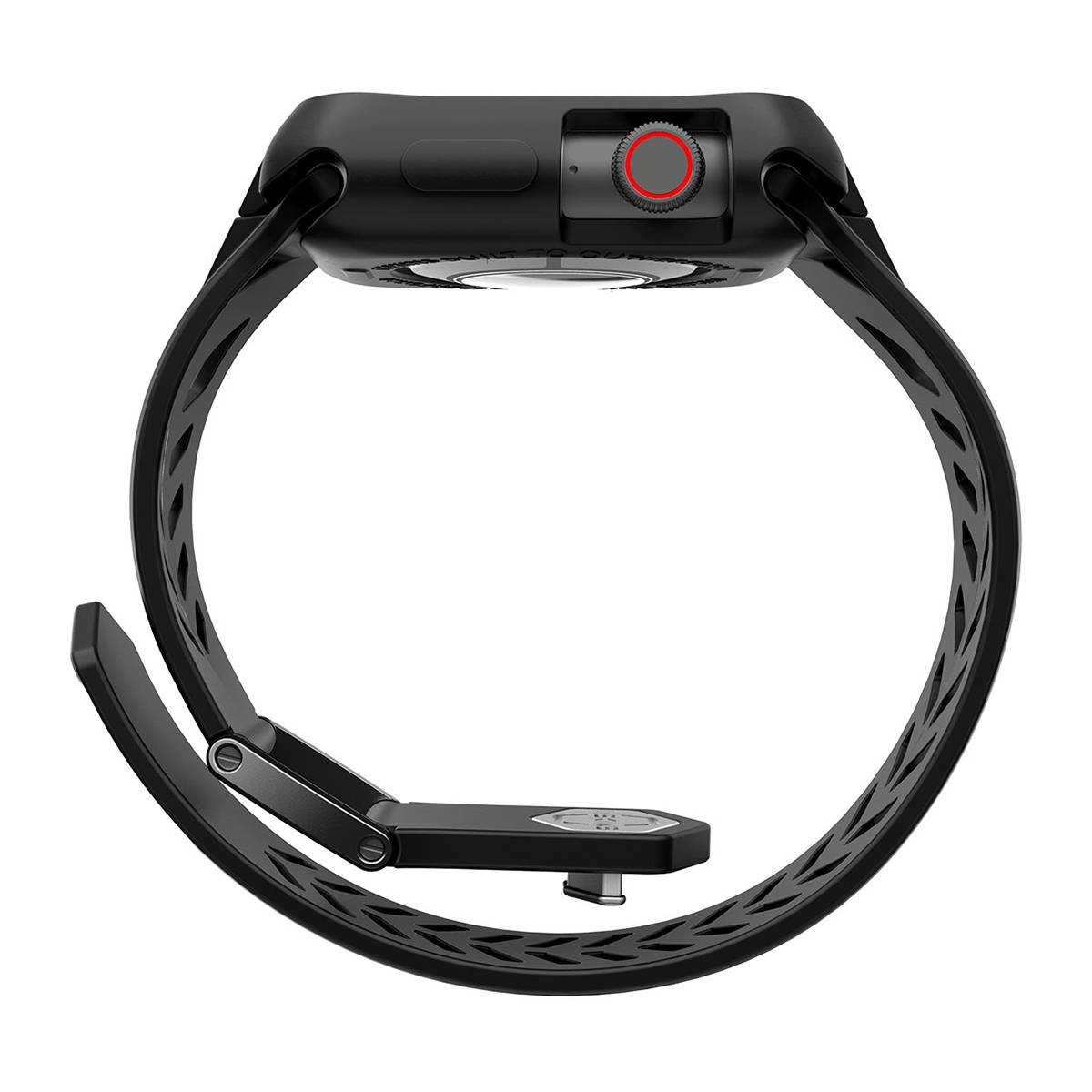 Smartwatch nero con cinturino nero. L'orologio ha un anello rosso attorno a un pulsante. Il cinturino è aperto e ha una chiusura.