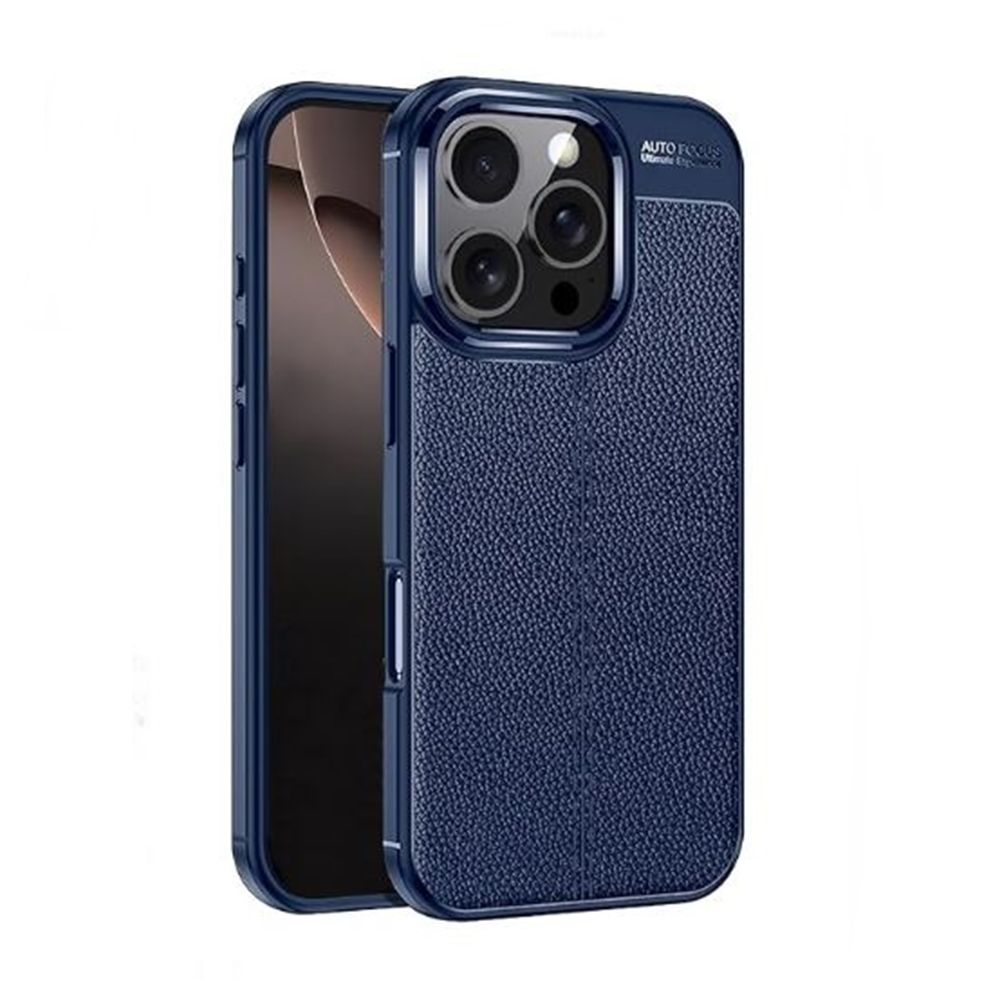 Mavi bir telefon kılıfı gösteriliyor. Koyu mavi renkte, dokulu bir arka yüzeye sahip. Kılıfın üç kamera deliği ve bir ekranı var.
