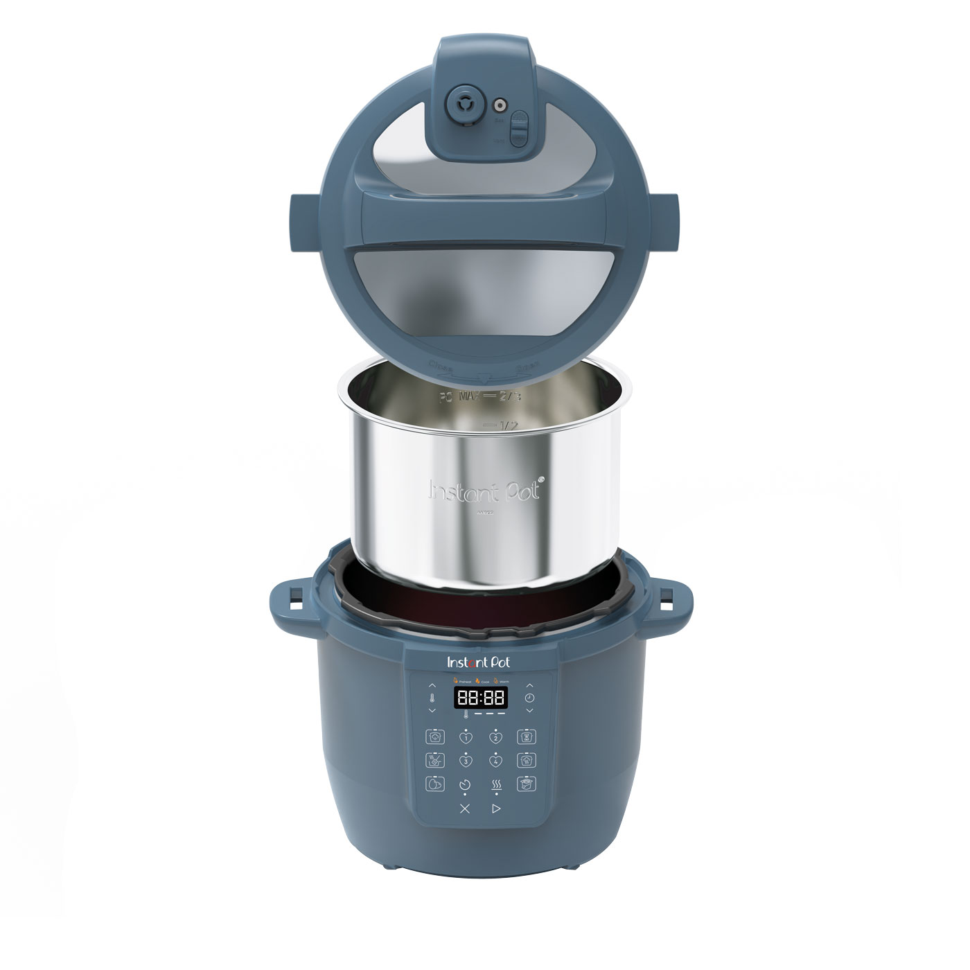 Otwarty Instant Pot, pokazujący wewnętrzny garnek ze stali nierdzewnej. Pokrywa jest otwarta. Baza ma wyświetlacz i przyciski.