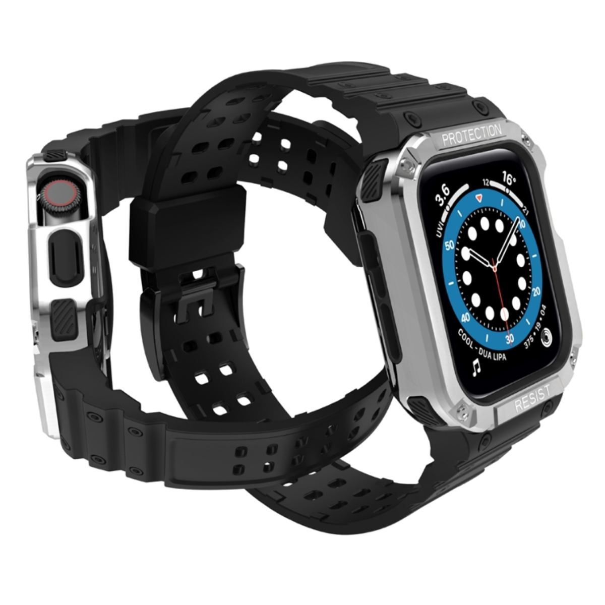 Uno smartwatch nero e argento con cinturino nero. Il quadrante mostra numeri e icone. Il cinturino ha dei fori.