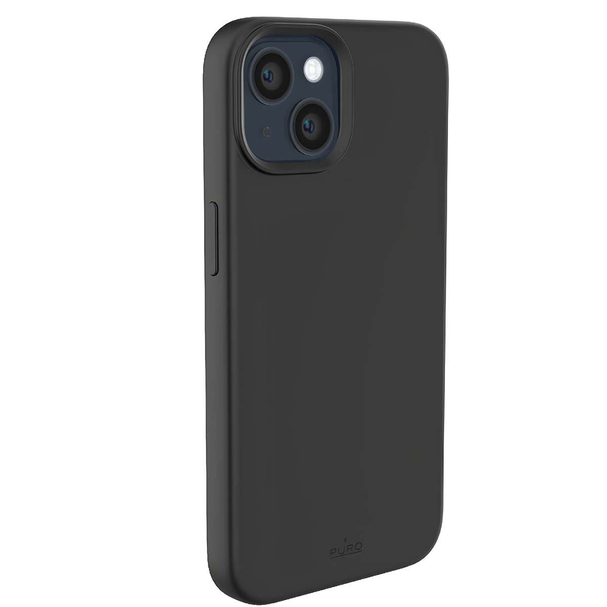 Uno smartphone nero con custodia protettiva. Il telefono ha un modulo fotocamera con due lenti e un flash. La custodia ha il logo 'PURO'.
