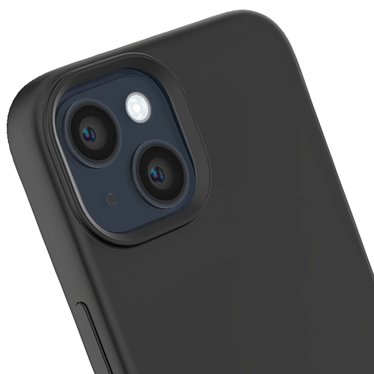 Primo piano di una custodia per telefono nera. Visibili tre obiettivi e un flash, su sfondo blu scuro.