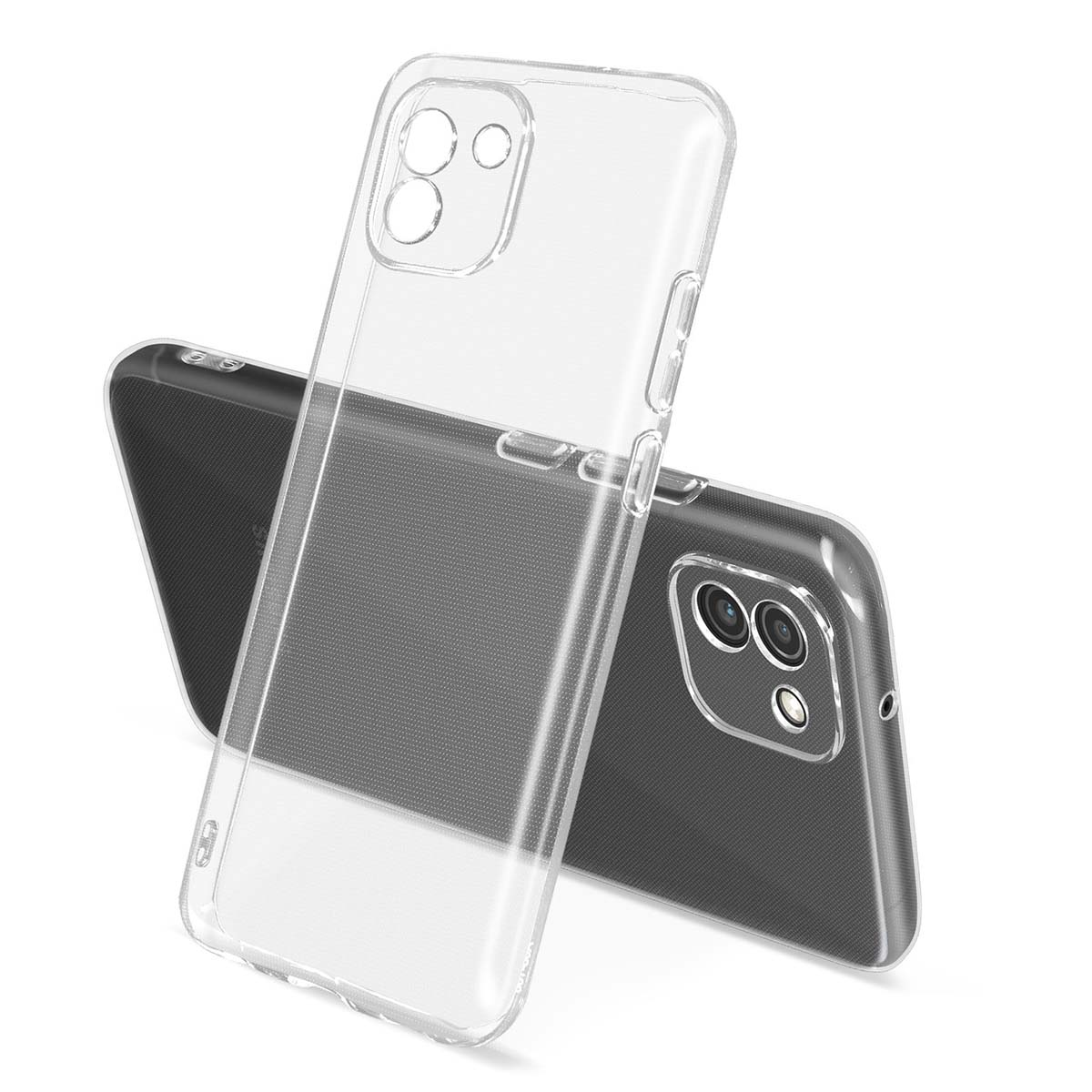 Dos fundas transparentes para teléfono, una apoyada contra la otra. Los teléfonos dentro son de color gris oscuro, con recortes para la cámara visibles.