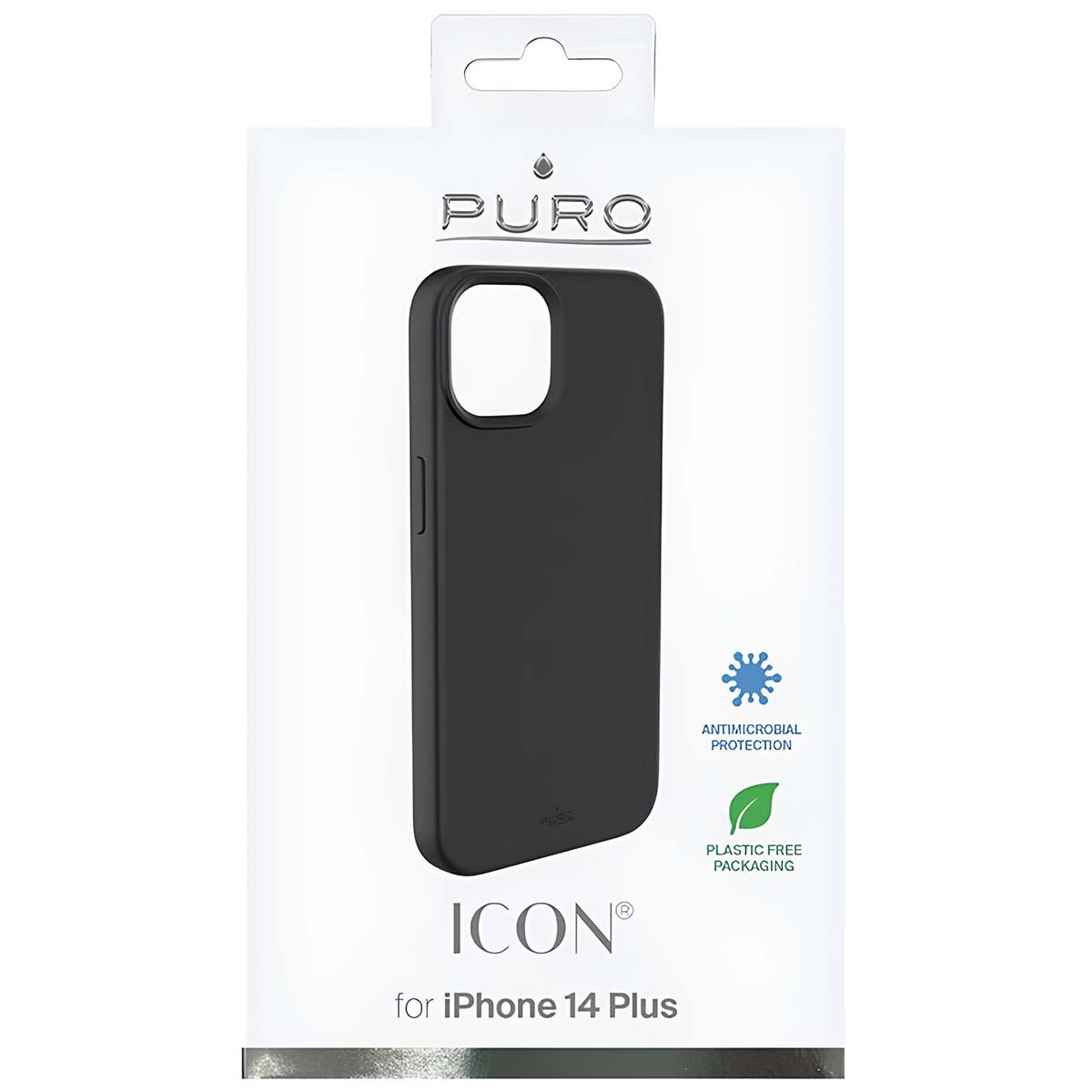 Una custodia nera per telefono è esposta all'interno della sua confezione bianca. Il testo sulla confezione include il marchio 'PURO' e 'ICON' per iPhone 14 Plus.