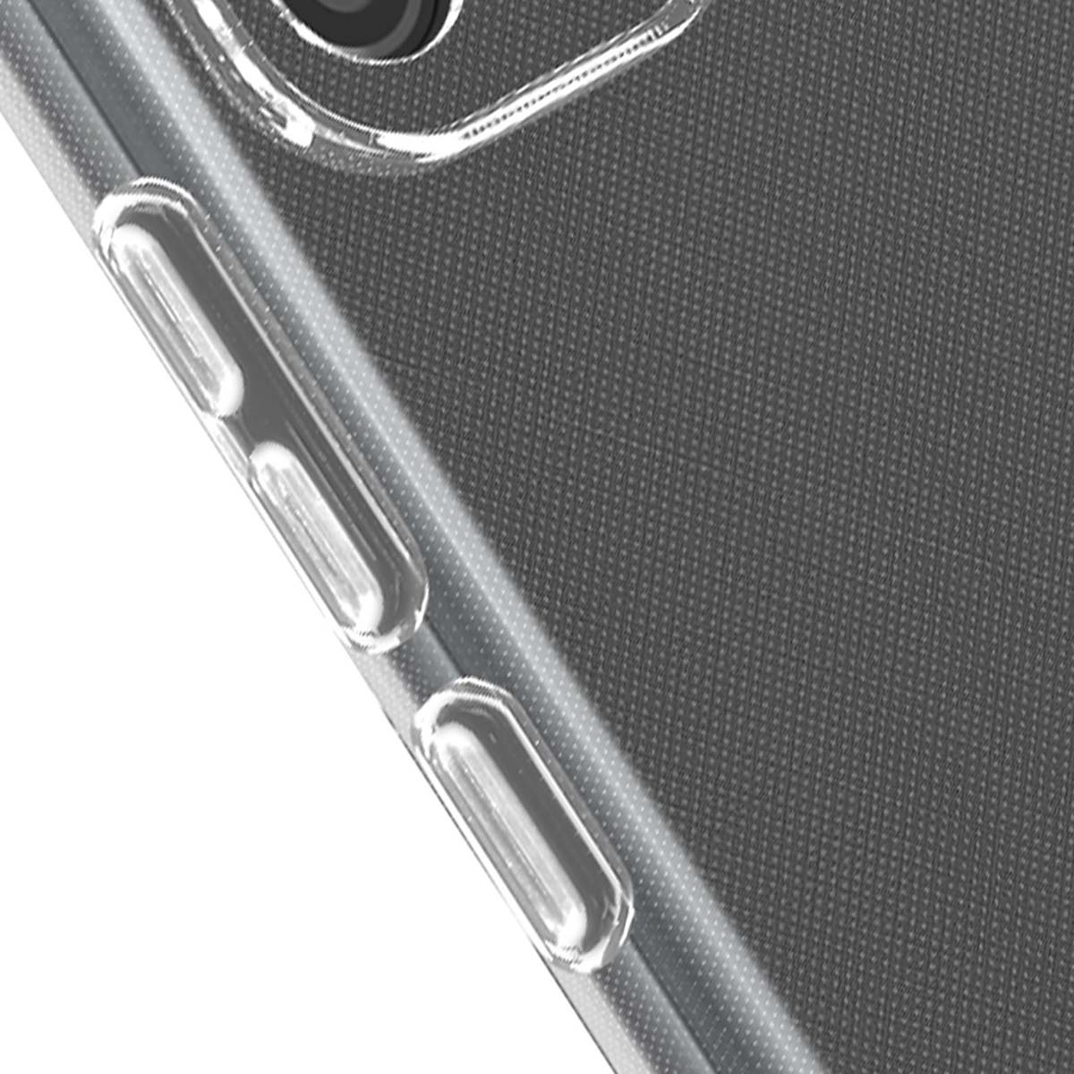 Primer plano de una funda de teléfono con botones transparentes. La funda es transparente con fondo gris texturizado. Los botones son claros.