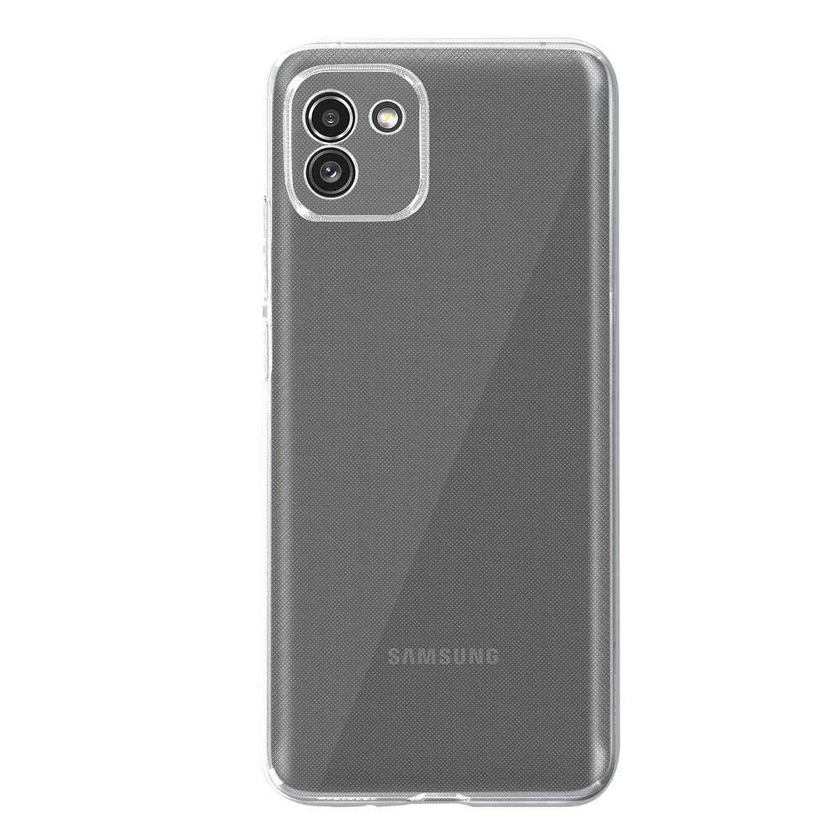 Una funda transparente para teléfono en un teléfono gris. La funda tiene recortes para la cámara. La palabra SAMSUNG es visible en la parte inferior.