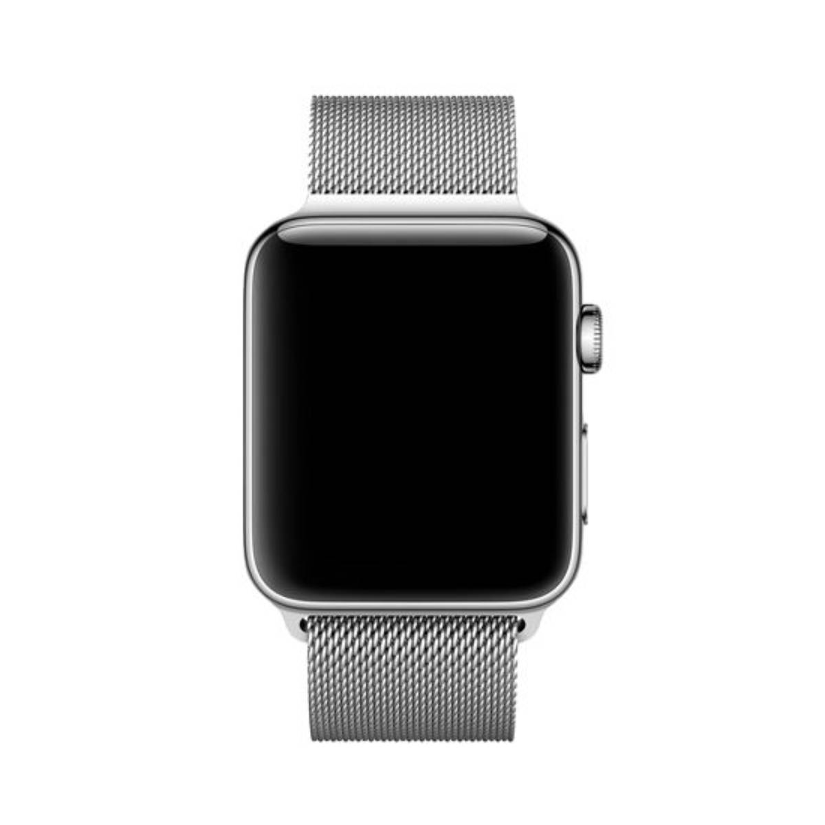 Un Apple Watch argentato con schermo nero e cinturino a maglia argentata è mostrato su sfondo bianco.