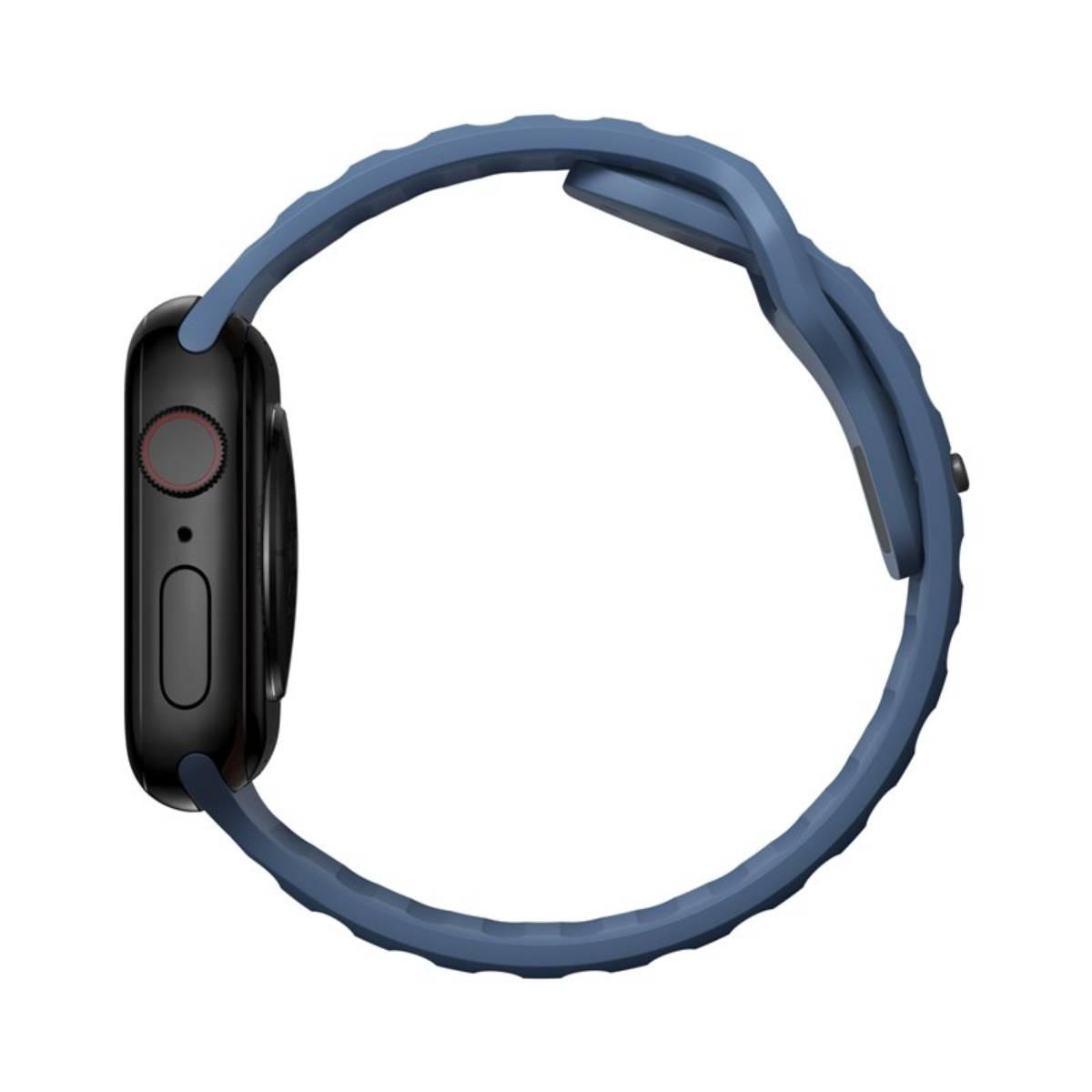 Un reloj inteligente negro con una correa azul. La esfera del reloj está a la izquierda, con un botón y un sensor redondo. La correa se curva.