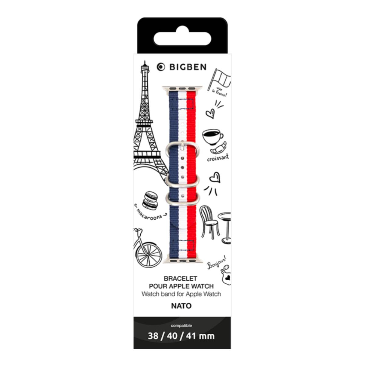 Una correa de reloj con rayas azules, blancas y rojas, con ilustraciones de temática francesa. Dice 'BRACELET POUR APPLE WATCH' y 'NATO'.