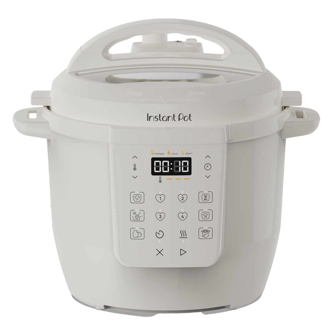 Een witte Instant Pot op een witte achtergrond. Het heeft een digitaal display met 00:00 en diverse knoppen.