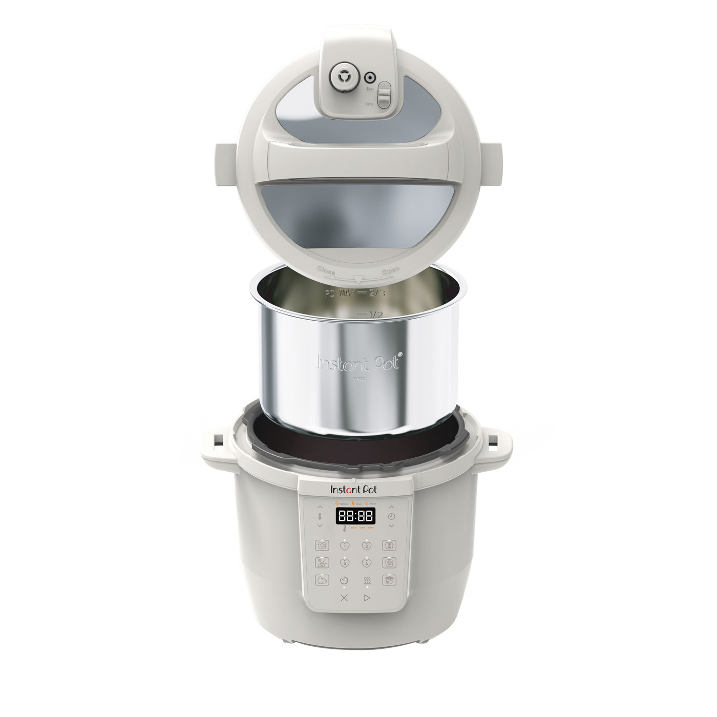 Een open Instant Pot met open deksel. Binnenin staat een roestvrijstalen pot in de basis. Bedieningselementen zijn zichtbaar.
