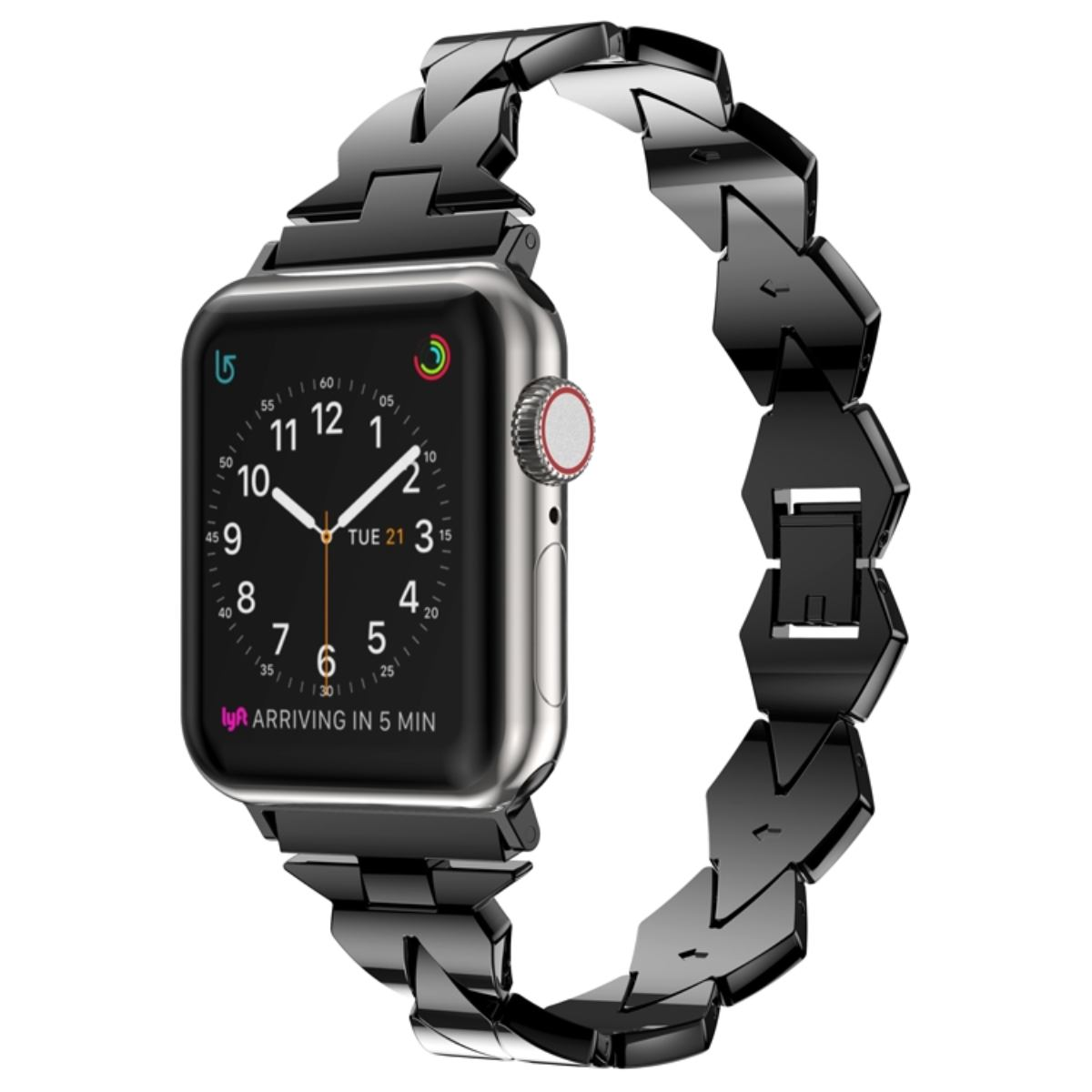 Eine schwarze Apple Watch mit einem schwarzen Metallarmband. Das Zifferblatt zeigt die Uhrzeit und den Text 'ARRIVING IN 5 MIN'.