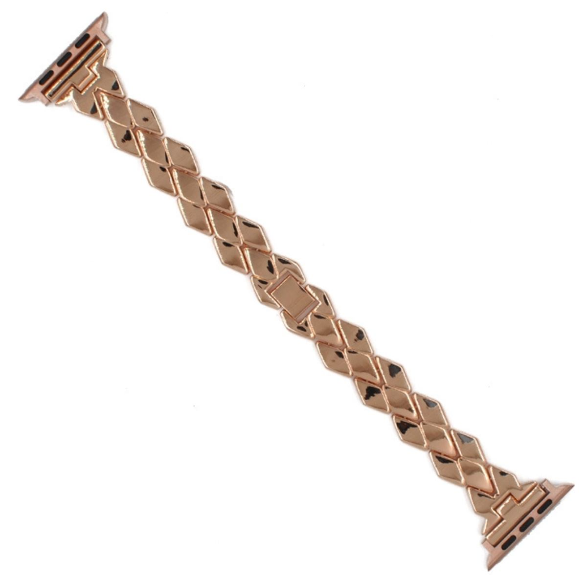 Cinturino per orologio oro rosa su sfondo bianco. Il cinturino è composto da forme a diamante collegate. Entrambe le estremità hanno elementi di fissaggio.