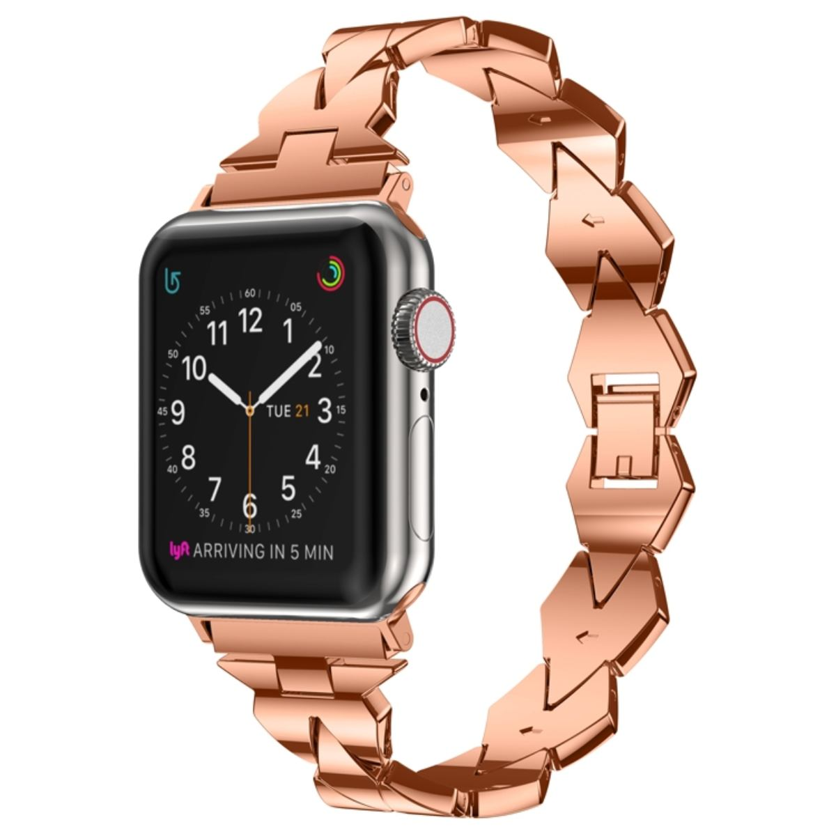 Un Apple Watch oro rosa con cinturino a maglie abbinato è esposto su sfondo bianco. L'orologio mostra l'ora e la data.