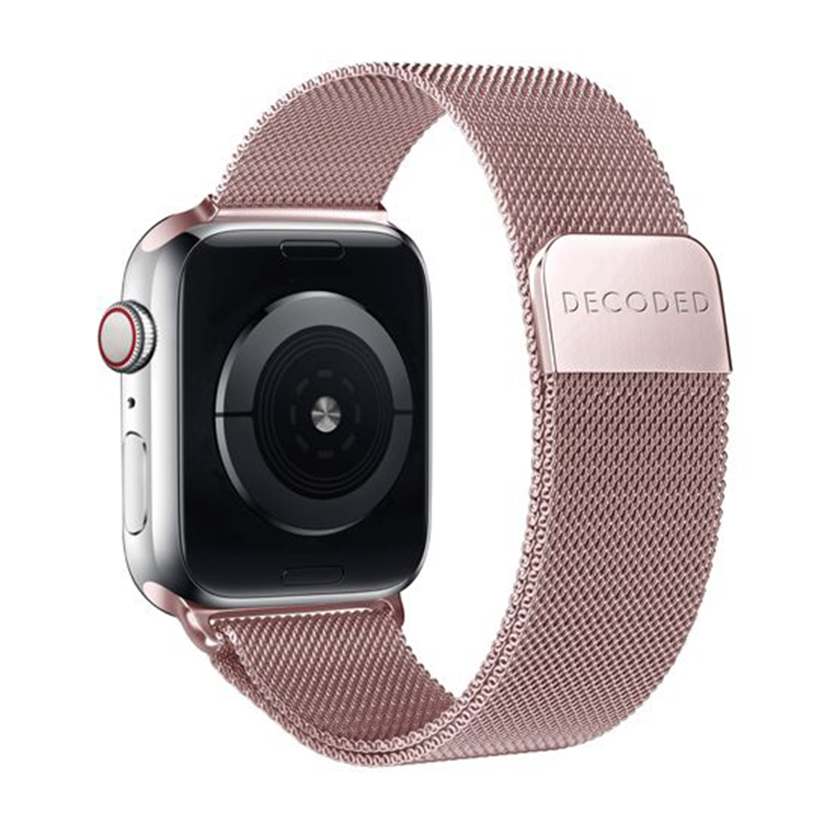 Apple Watch oro rosa con cinturino a maglia. Il quadrante è nero e la chiusura del cinturino recita 'DECODED'.
