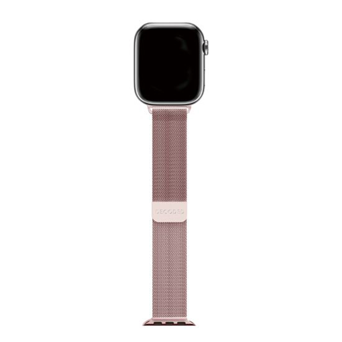 Un Apple Watch oro rosa con cinturino a maglia milanese abbinato, su sfondo bianco. Il quadrante è nero.