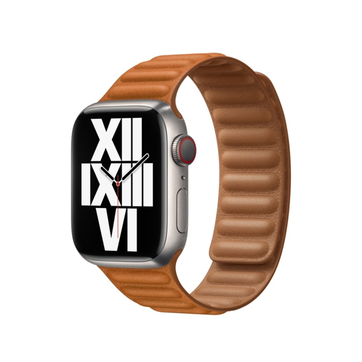 Un Apple Watch con cinturino in pelle marrone. Il quadrante mostra l'ora. Lo sfondo è bianco.