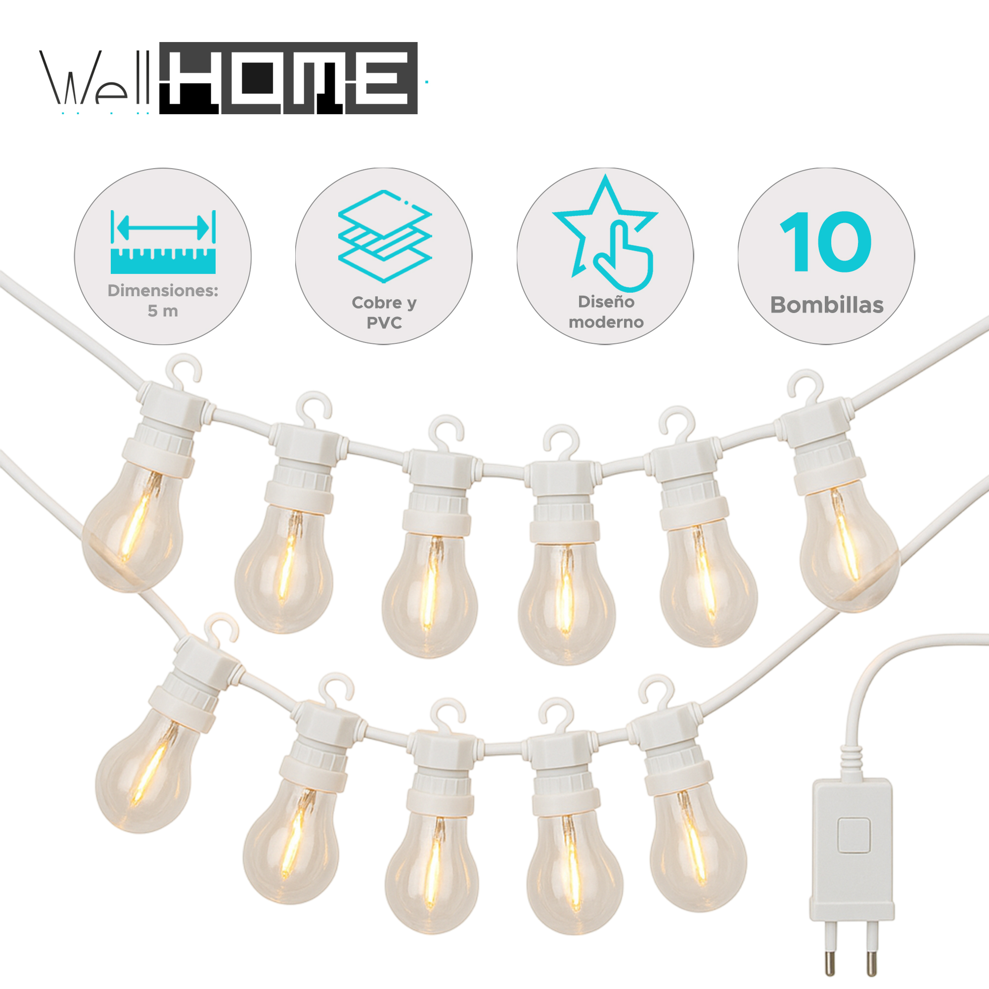 Luces de cadena con 10 bombillas, cable blanco y enchufe. El paquete muestra dimensiones y detalles del diseño.