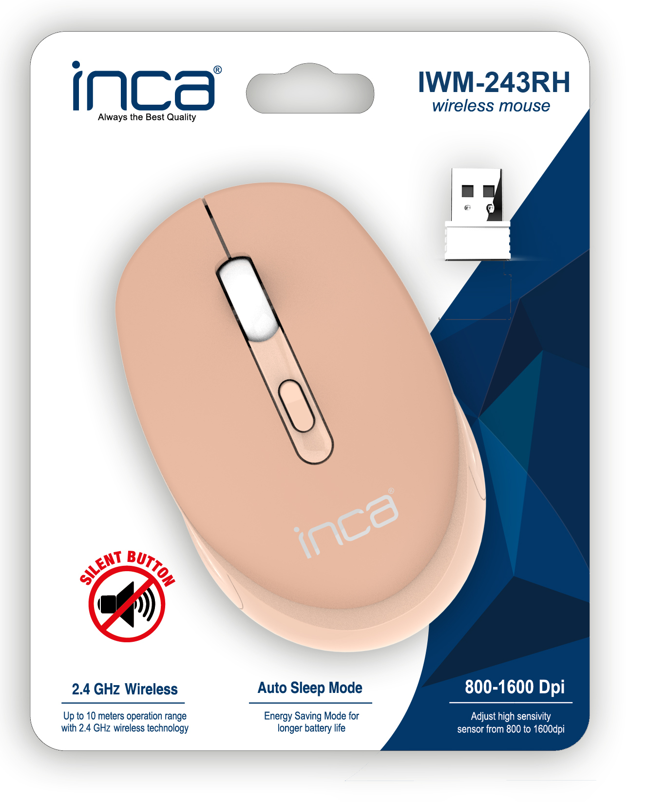Eine kabellose Maus in Pfirsichfarbe mit USB-Empfänger. Die Verpackung enthält Details zu Funktionen wie Wireless, Auto-Sleep und DPI.