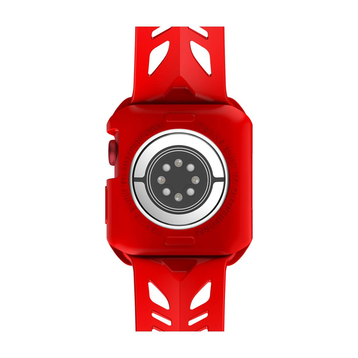 Smartwatch rossa con sensore circolare e cinturino. L'orologio è centrato su sfondo bianco. Testo attorno al sensore.