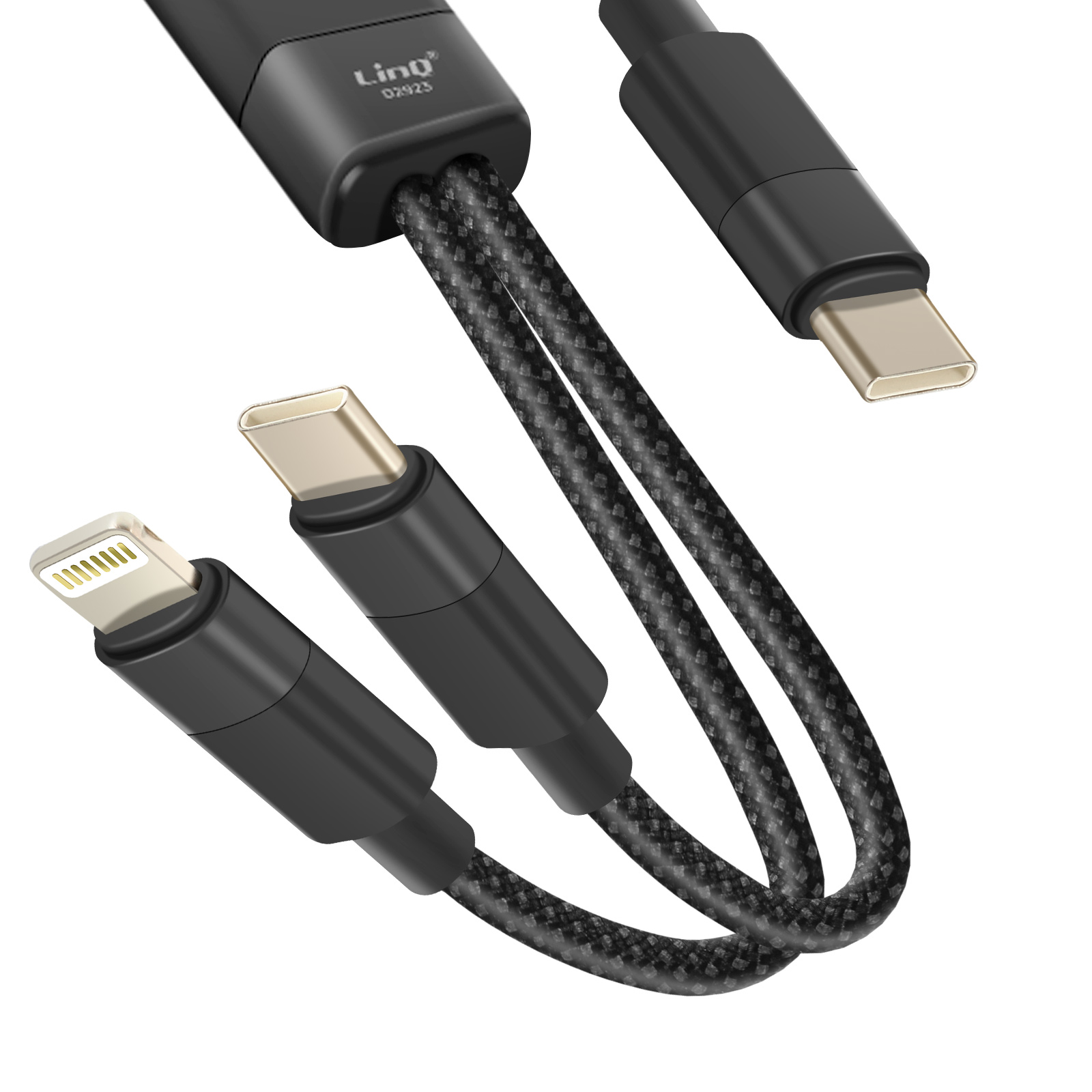 Un câble multi-connecteur noir avec connecteurs Lightning, USB-C et USB-C. Le câble est sur fond blanc.
