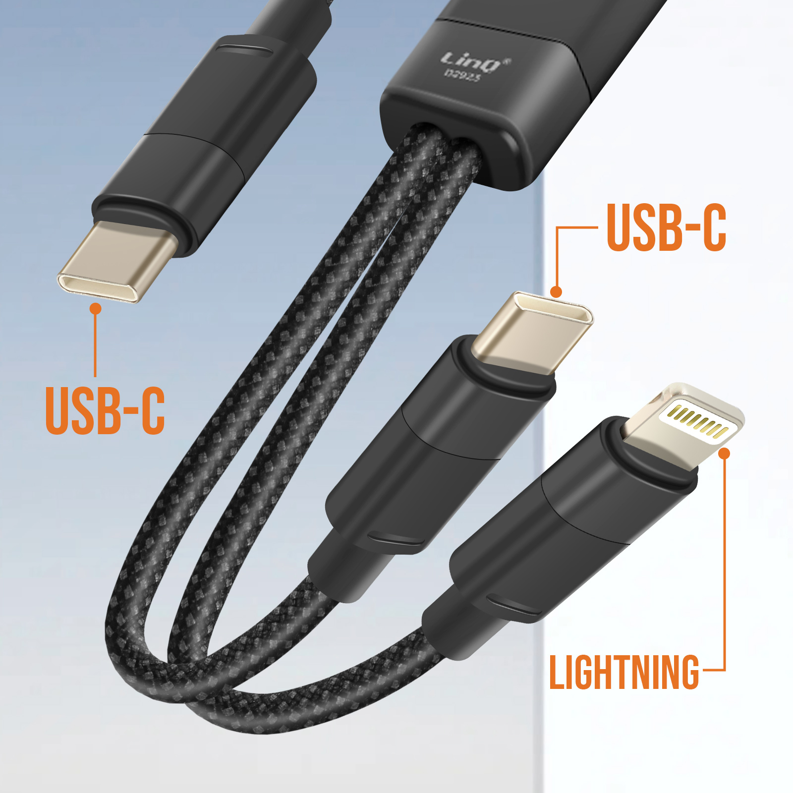 Un câble noir multi-connecteurs avec des connecteurs USB-C et Lightning. Des étiquettes identifient chaque type.