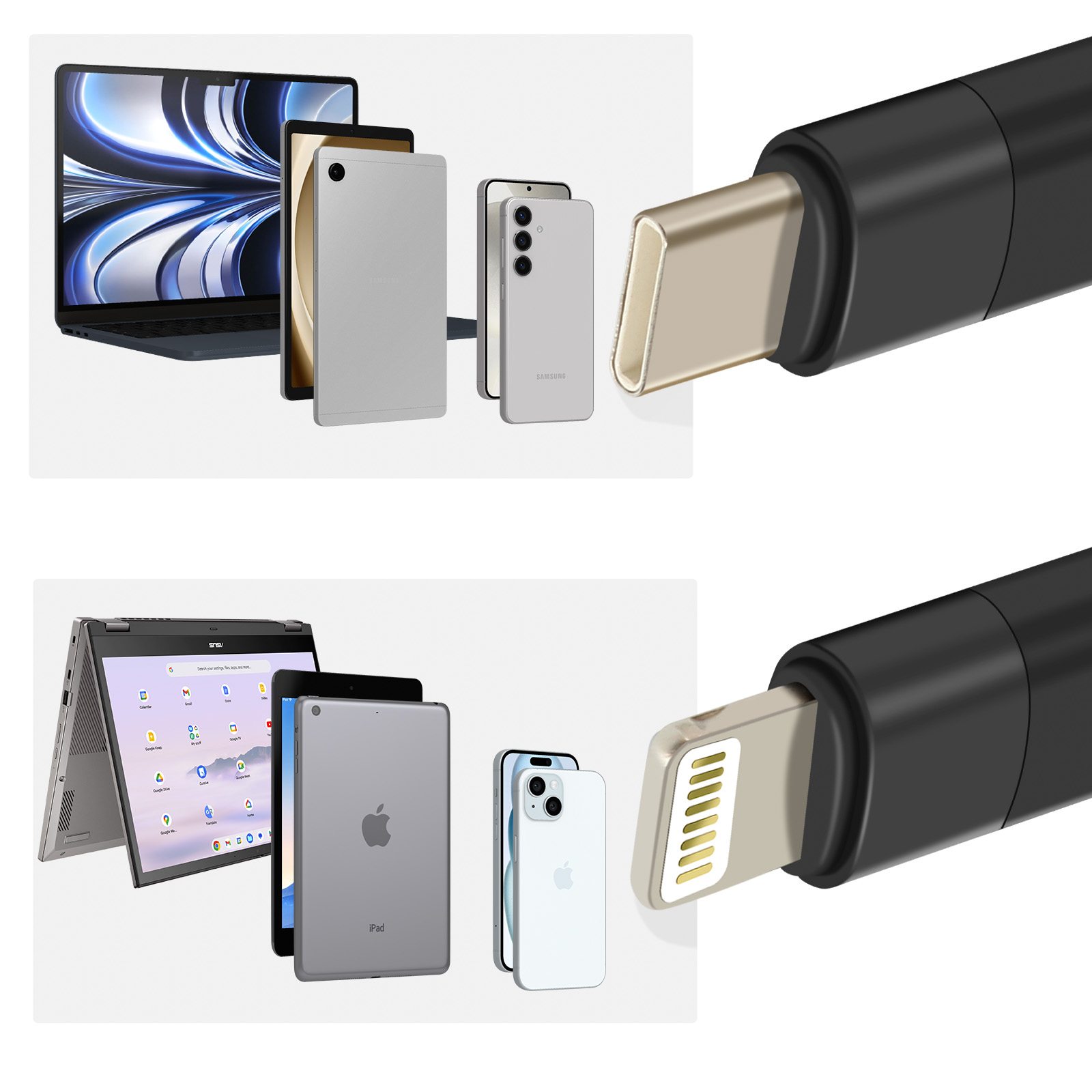 L'image montre divers appareils électroniques : un ordinateur portable, des tablettes et des smartphones, ainsi que des connecteurs USB-C et Lightning.