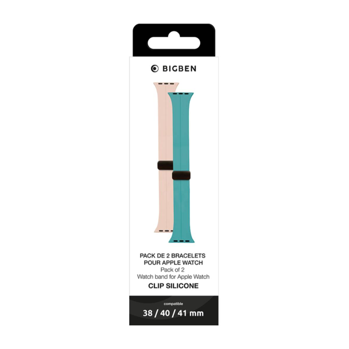 Una confezione di prodotto con due cinturini per orologi. Uno è rosa, l'altro turchese. La confezione dice "BIGBEN" e "Pack of 2". 