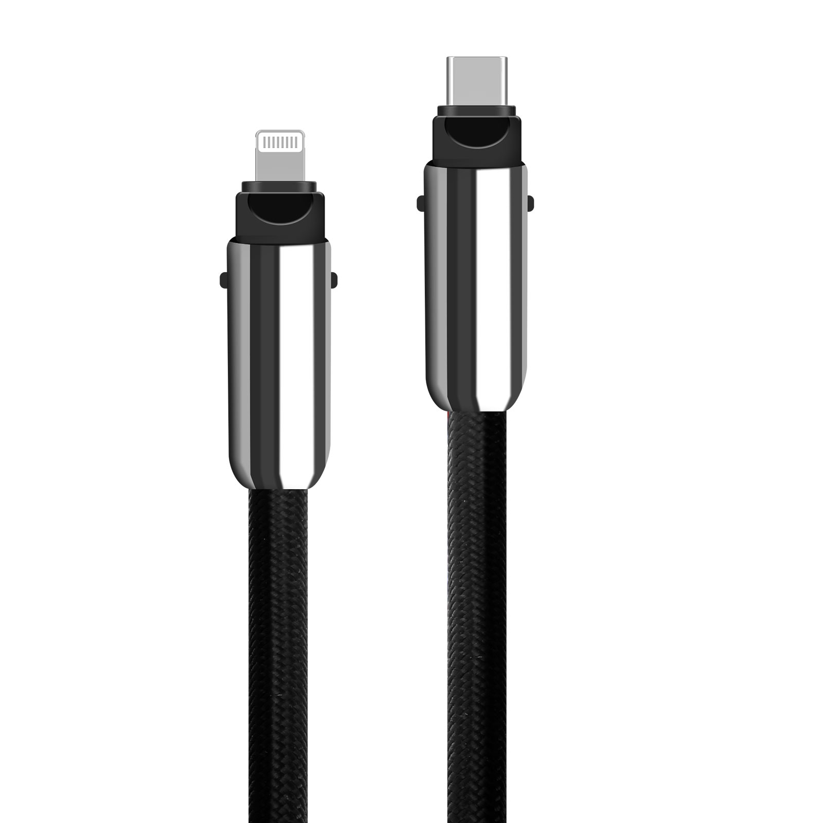Deux câbles de chargement noirs avec des extrémités en métal argenté. L'un est un connecteur Lightning, l'autre USB-C.