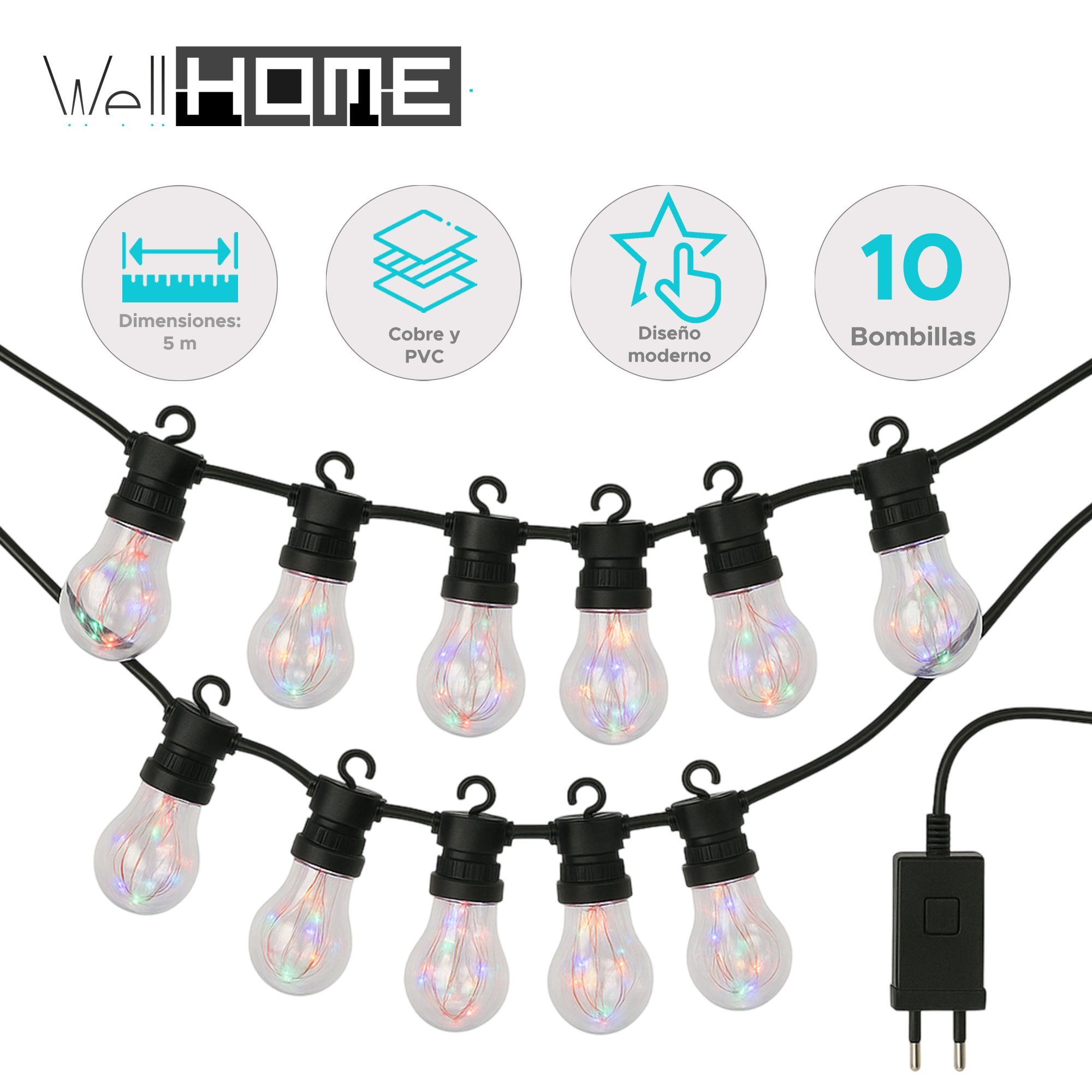 Guirnalda de luces con 10 bombillas. Cable negro con bombillas transparentes y luces de colores. Incluye un adaptador de corriente.