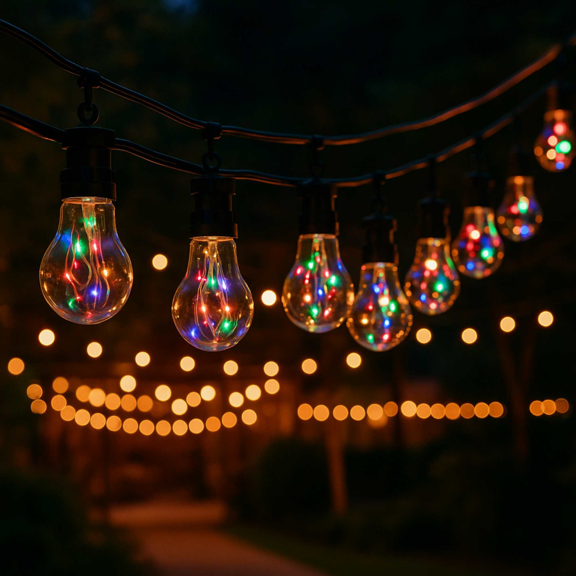 Luces de cadena con bombillas de colores cuelgan contra un fondo oscuro. Luces borrosas en el fondo.