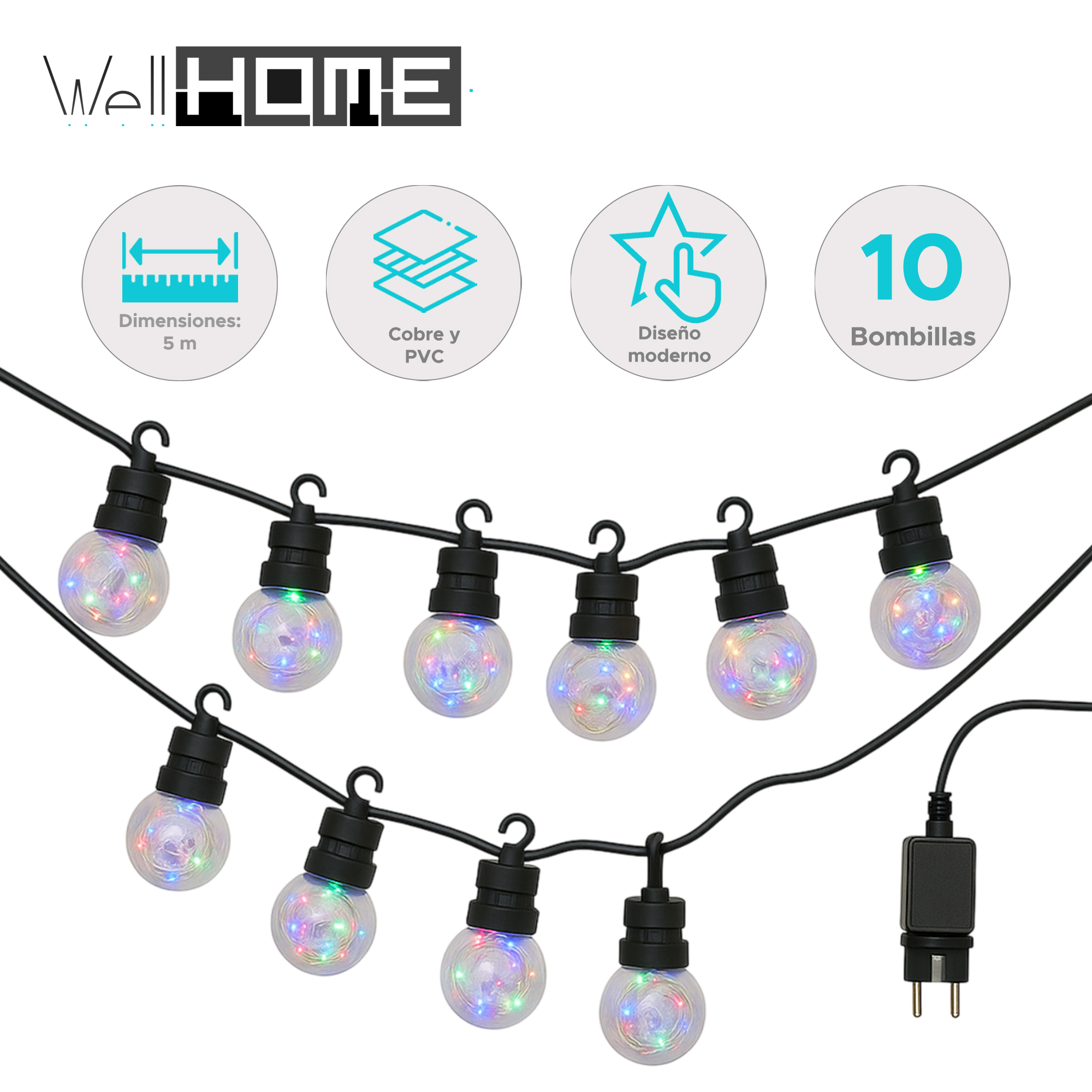 Cadena de 10 luces LED globo, cable negro. Cada luz tiene una base negra. Luces de colores dentro. Fondo blanco.
