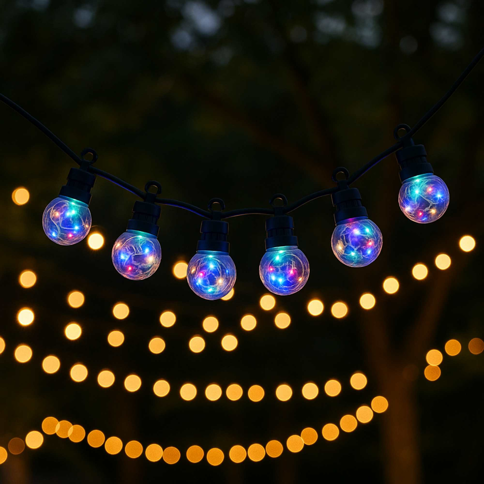 Luces de cadena con bombillas de colores colgadas sobre un fondo oscuro. Otras luces están borrosas en el fondo.