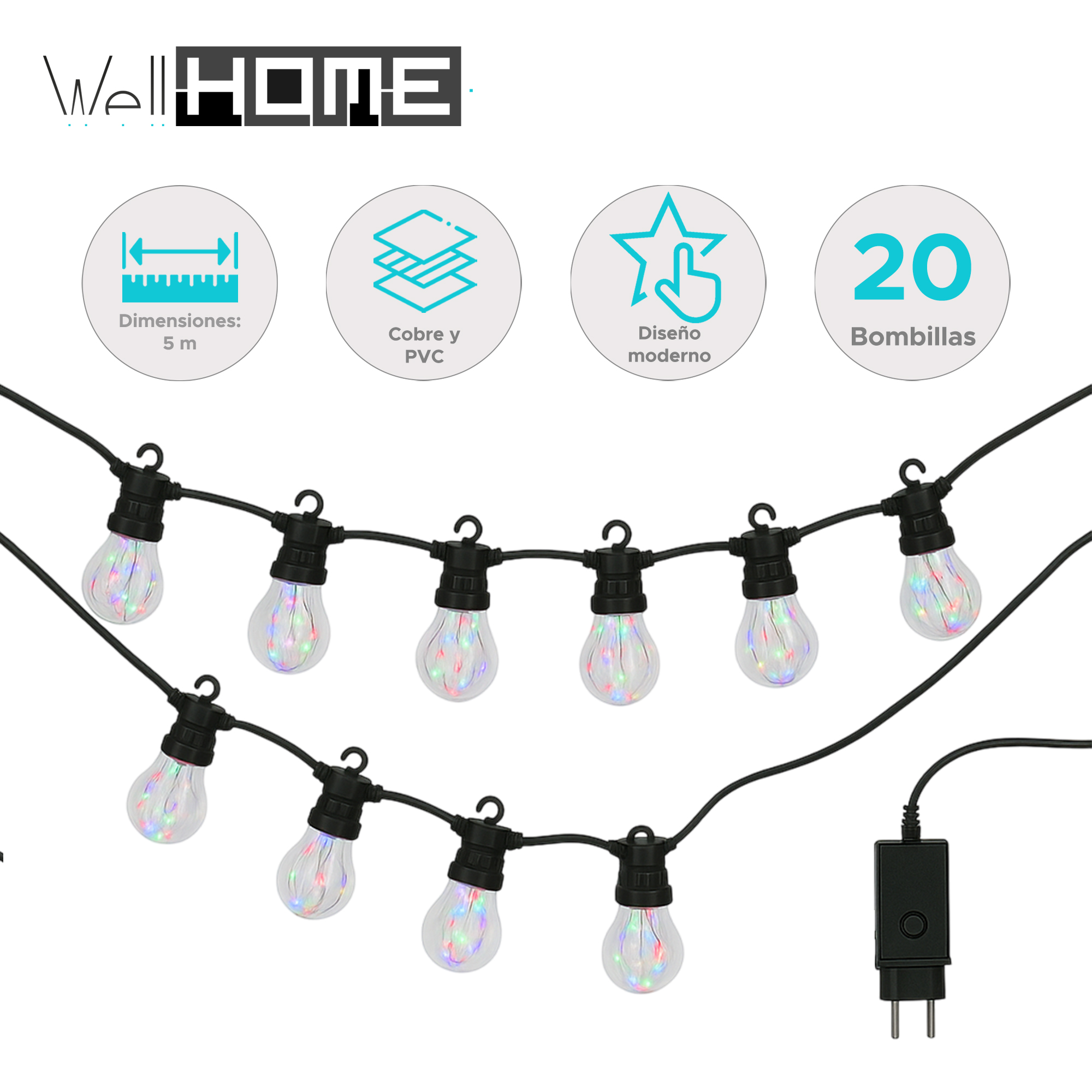 Luces de cadena con 20 bombillas. Cada bombilla tiene luces de colores. Cable negro, enchufe negro. Texto: Well HOME.