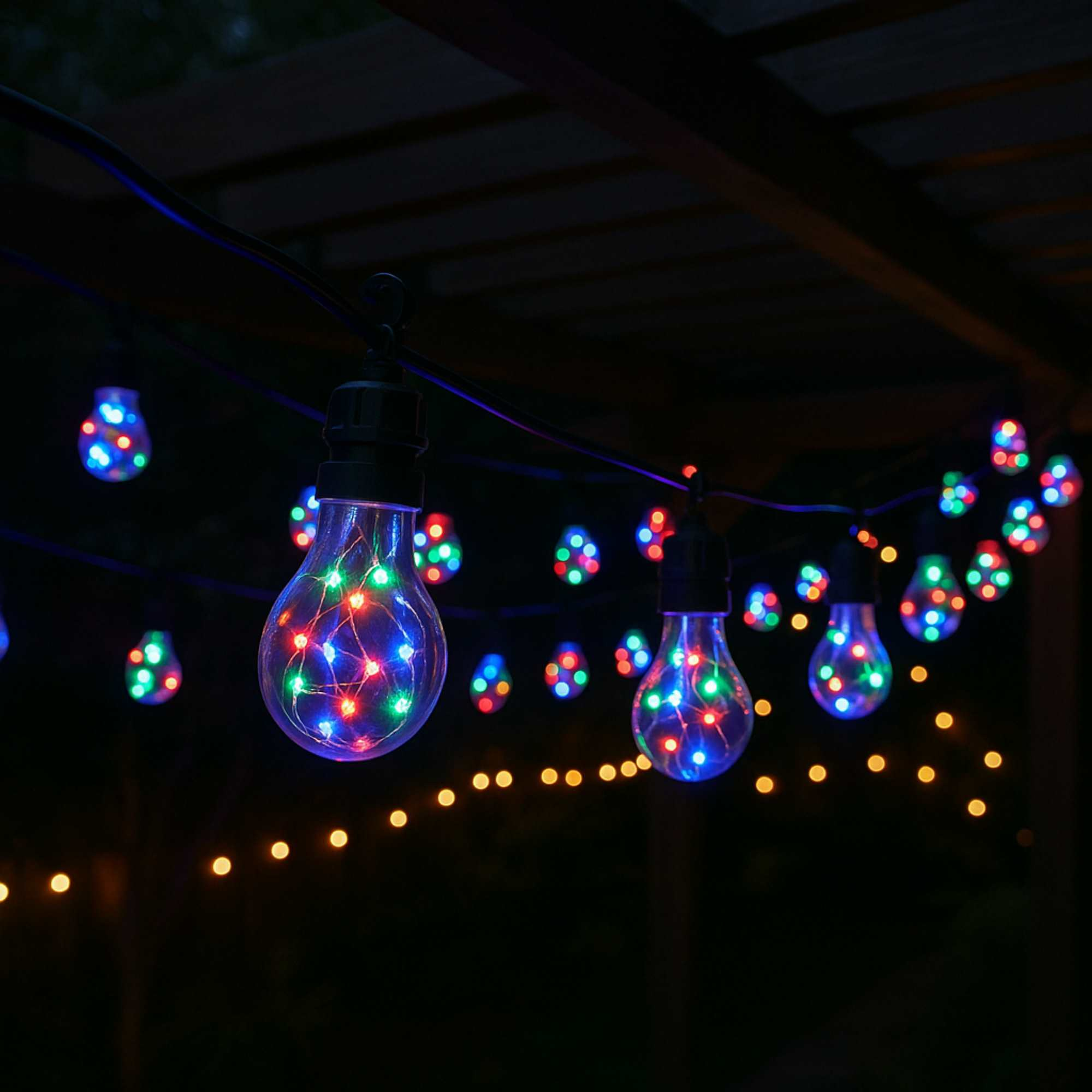 Luces de cadena con bombillas coloridas colgando. Fondo oscuro con estructura de madera arriba.